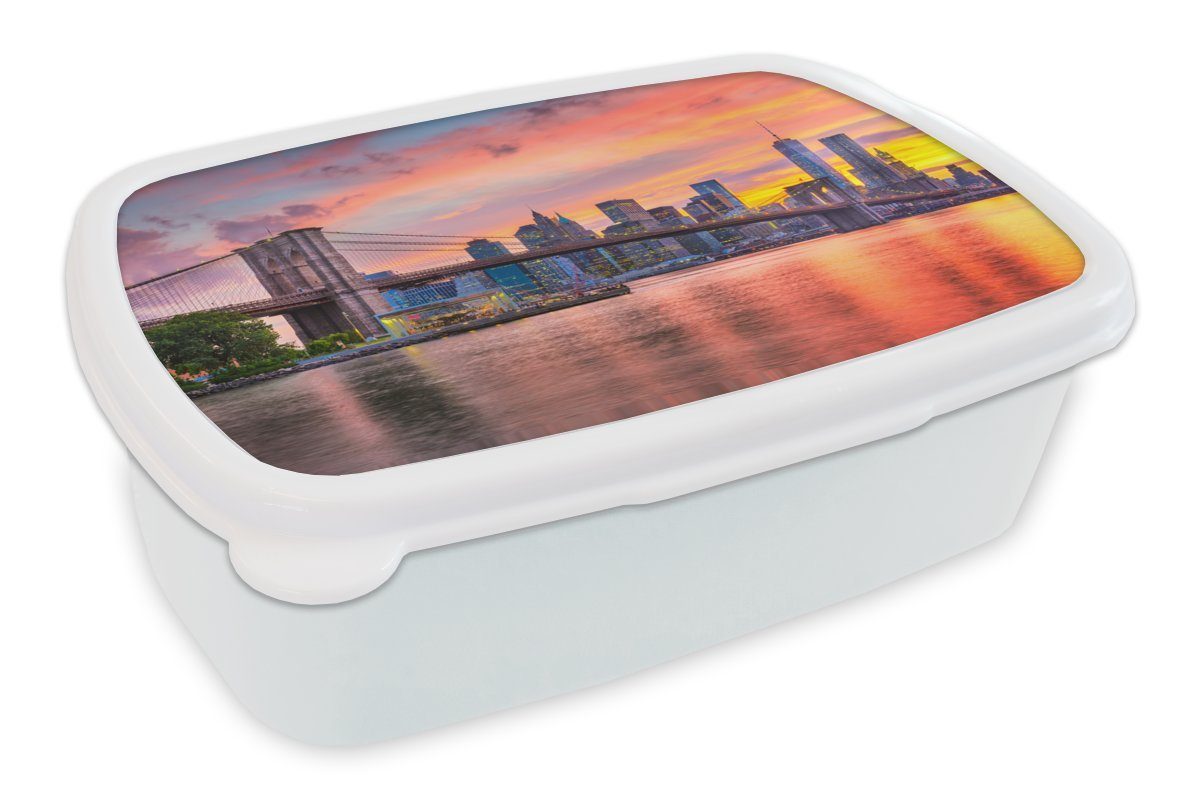 MuchoWow Lunchbox New York - Sonne - Brooklyn Bridge, Kunststoff, (2-tlg), Brotbox für Kinder und Erwachsene, Brotdose, für Jungs und Mädchen weiß