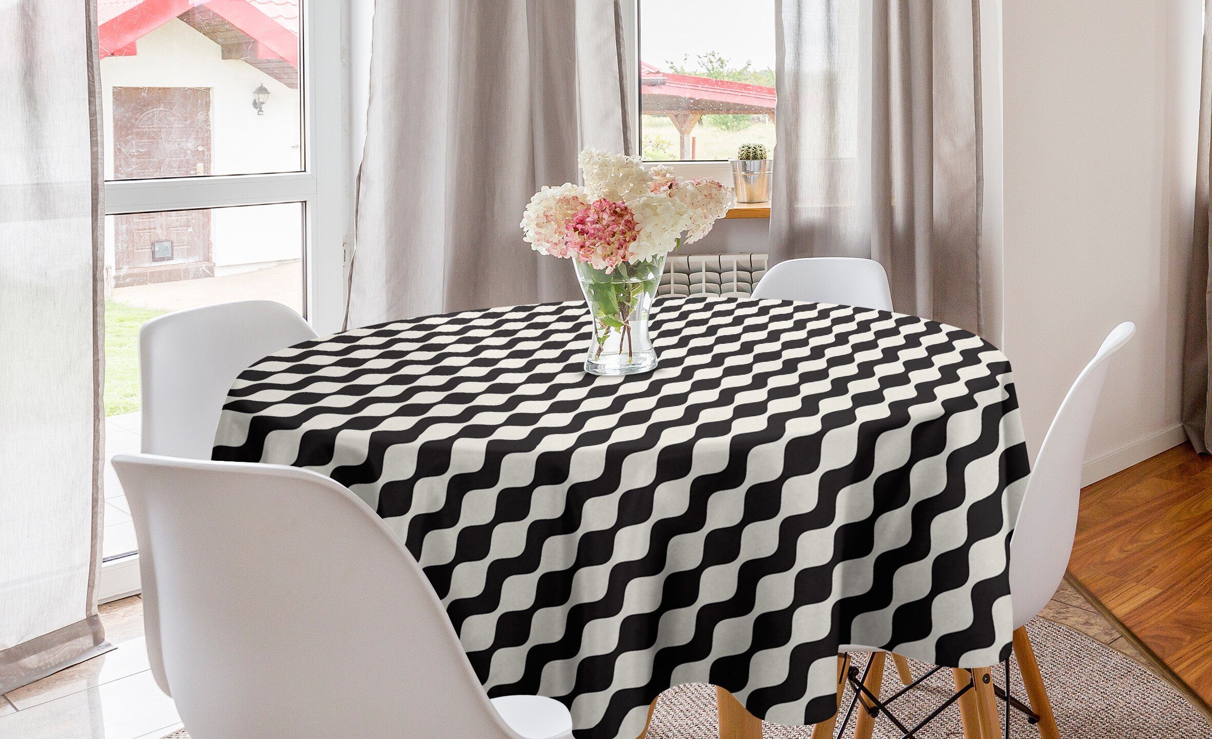 gewellte Tischdecke Streifen Abdeckung Tischdecke für Küche Esszimmer Dekoration, Monochromatische Retro Abakuhaus Kreis