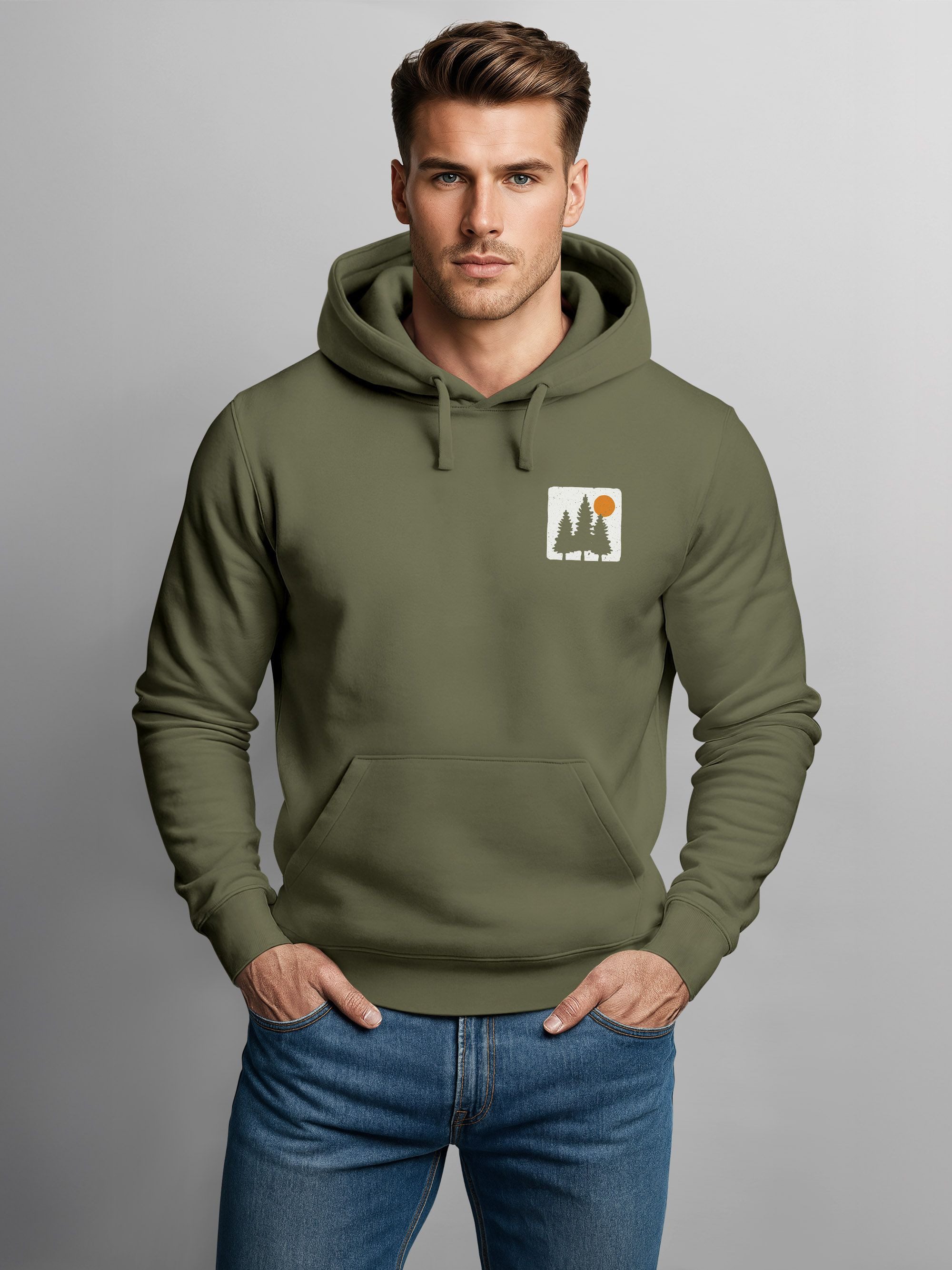 Neverless Hoodie Herren Hoodie mit Bäumen Sonne Schlichtes Outdoor Brustmot günstig online kaufen