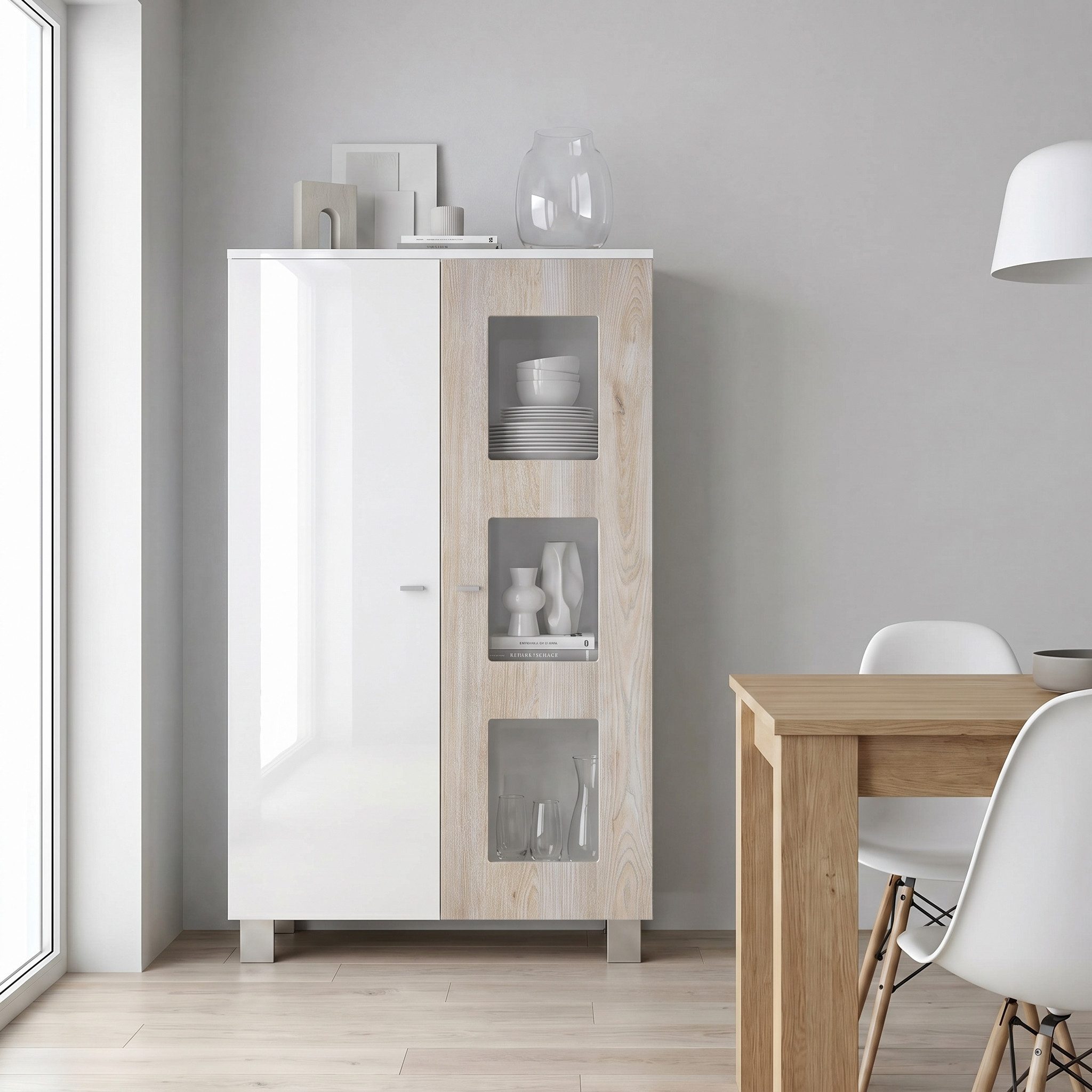 Vladon Standvitrine Denjo (Standvitrine, mit 2 Türen und 3 Glaseinsätzen) Weiß matt/ Weiß Hochglanz/ Eiche Nordic (71 x 129 x 35 cm)