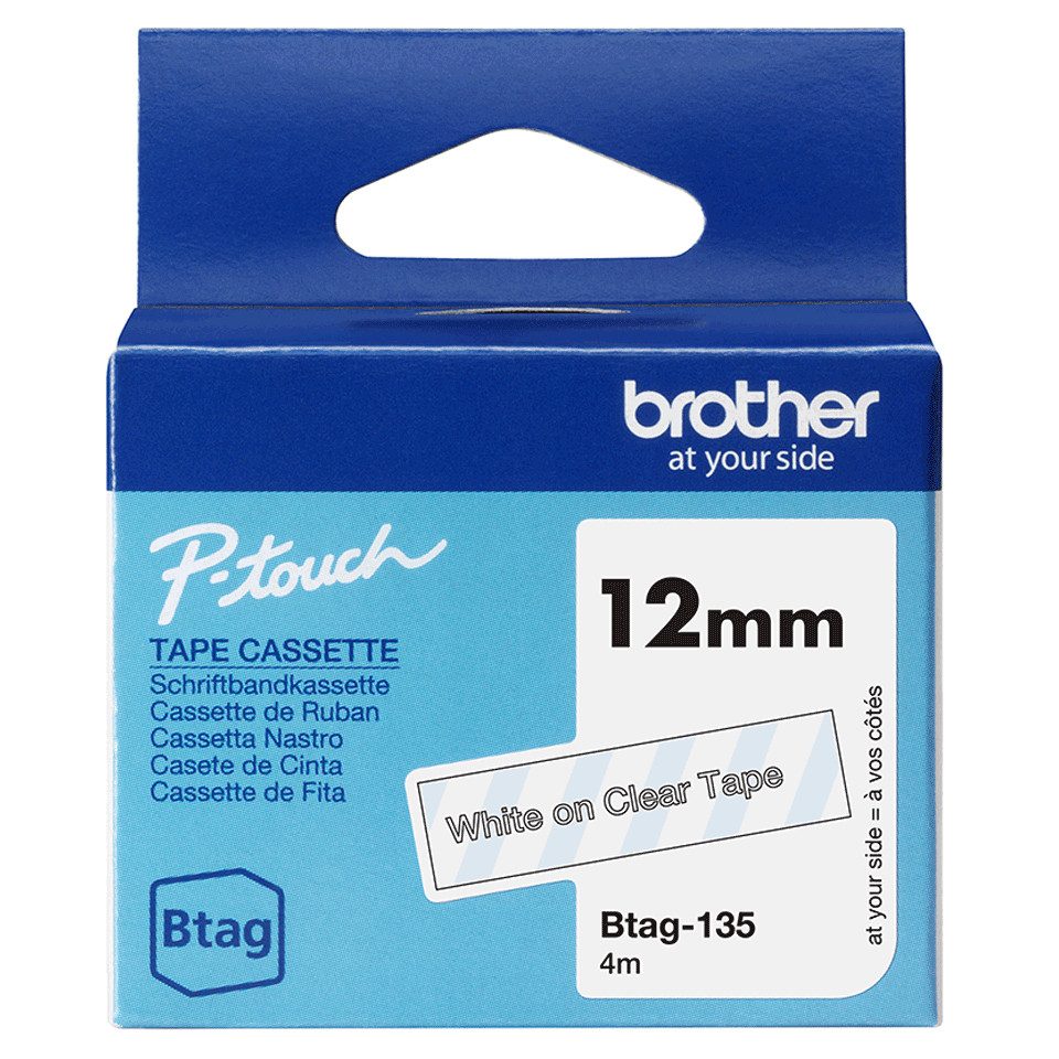 Brother Schriftband BTAG-135 Weiß auf Transparent 12 mm x Tintenpatrone