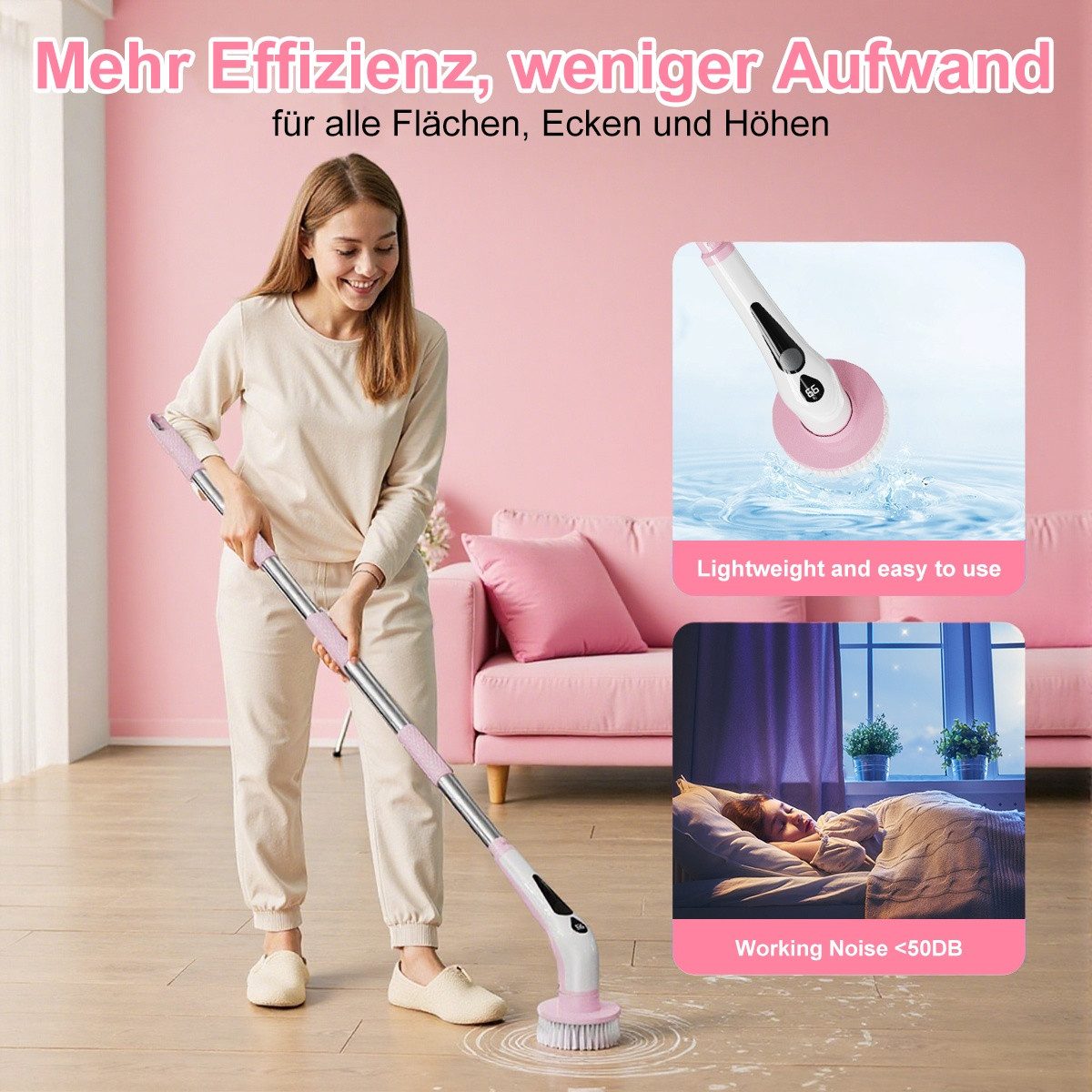 PRASKY Reinigungsbürsten-Set Elektrische Reinigungsbürste mit 9 austauschbaren Bürstenköpfen, Fliesen, Laminatböden, Fenster, Autos, (Mehrere abnehmbare Teile badebürste elektrisch, Teppichreiniger, Akku-Oberflächenbürste mit 9 Bürstenköpfen), 30-130 cm Verlängerungsrohr, LED-Batteriestandsanzeige