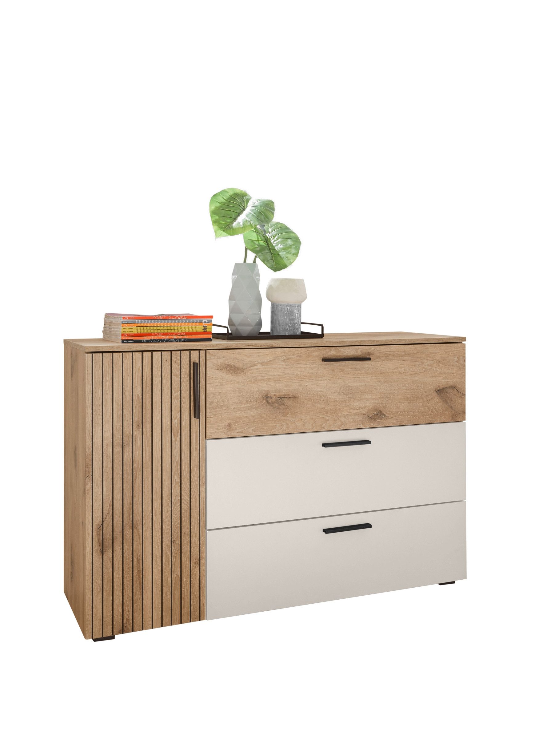 PREISBRECHER Sideboard Daria, 1 Tür, 3 Schübe, Viking Oak Dekor hell / Weiß - 125x82,6x40cm (BxHxT)