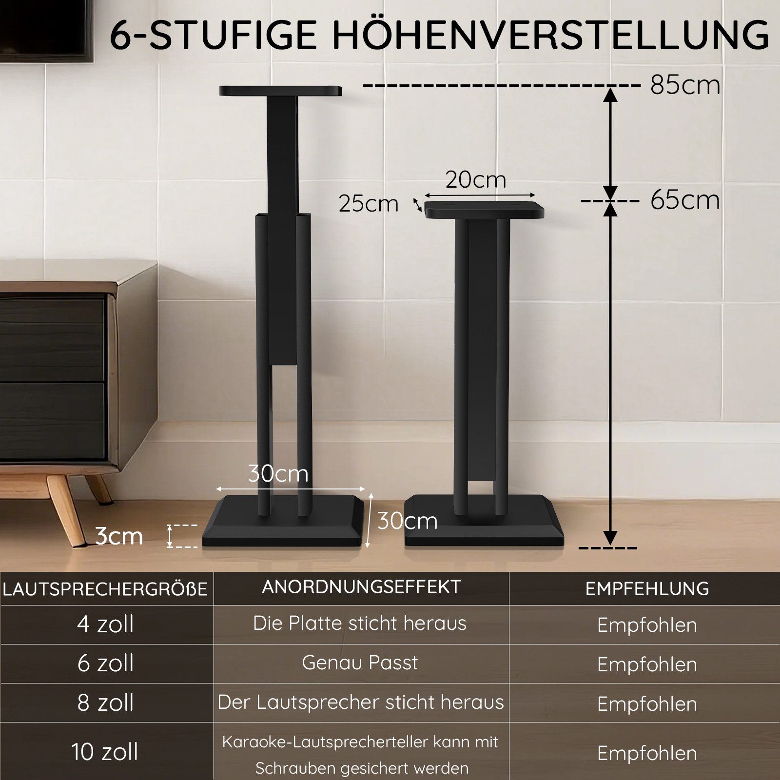 XERSEK Lautsprecherständer Boxenständer Höhenverstellbar 65-85cm für 4-10" Lautsprecher Bis 20 kg, (Stabilem Hochdichtebrett, Einfache Montage, Lautsprecherhalter, Audio Ständer, Lautsprecher Stand für Party Events)