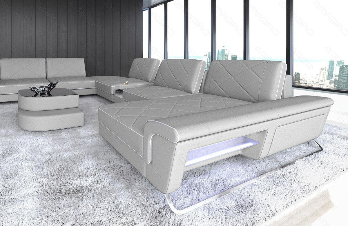 Hellgrau-Weiss Stoff Couch Form XXL Bari Wohnlandschaft Polster Designersofa Sofa Sofa LED, Dreams USB_Anschluss, Polstersofa, U C76 Stauraum, mit