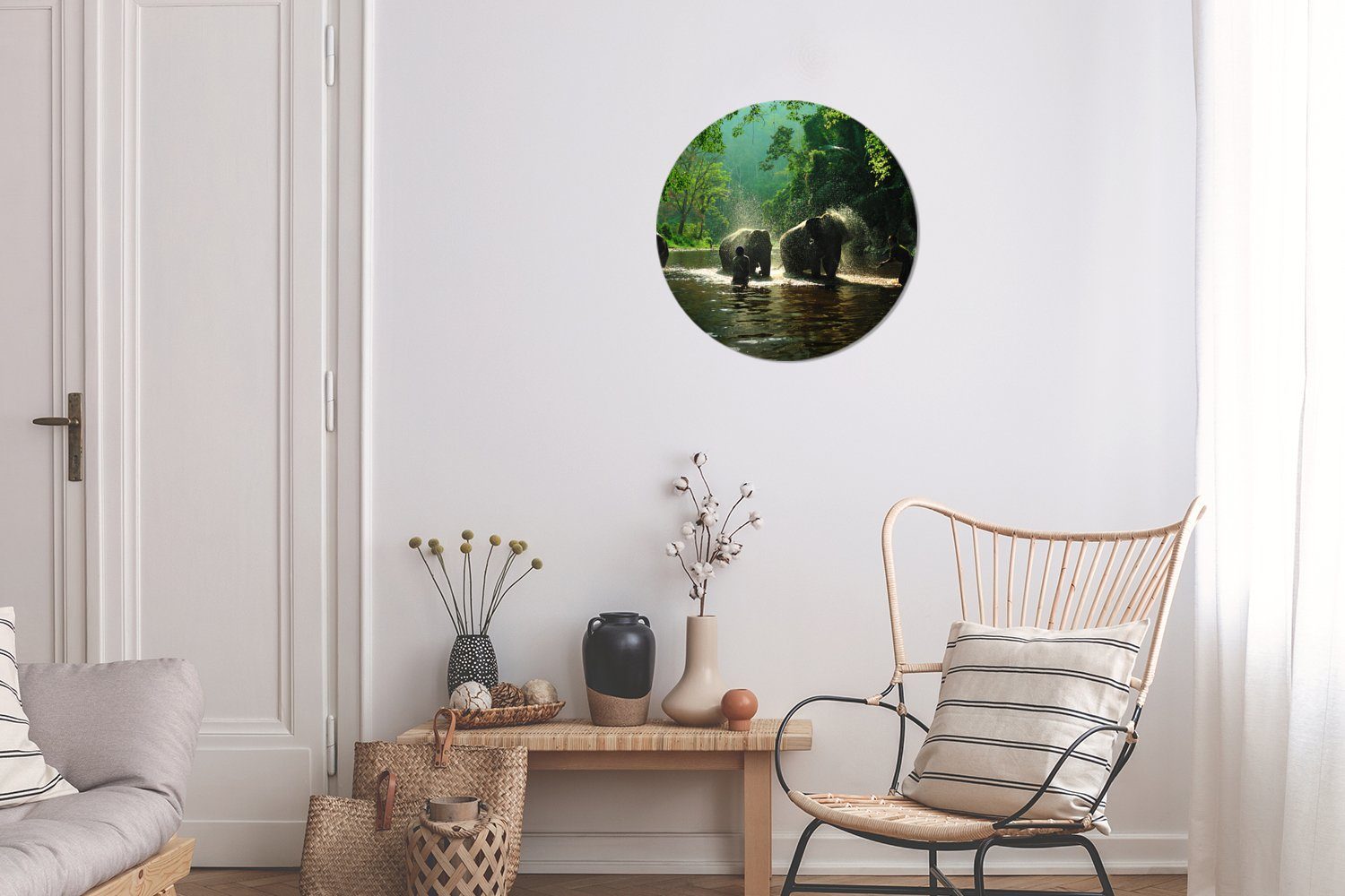 Gemälde (1 MuchoWow Rundes - - Grün cm - Wandbild, Bäume Forex, Kreis Wohnzimmer, - Tiere, Wanddekoration St), Wasser 30x30 Elefant