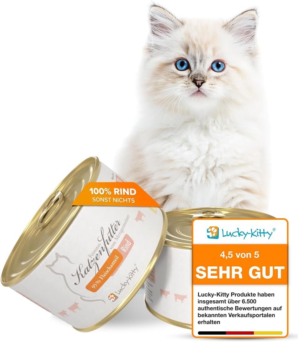 Lucky-Kitty Katzenfutter Rind,Metzgerqualität, Nassfutter für: Katzen, 95% Fleischanteil, ohne Getreide, Zucker oder Füllstoffe