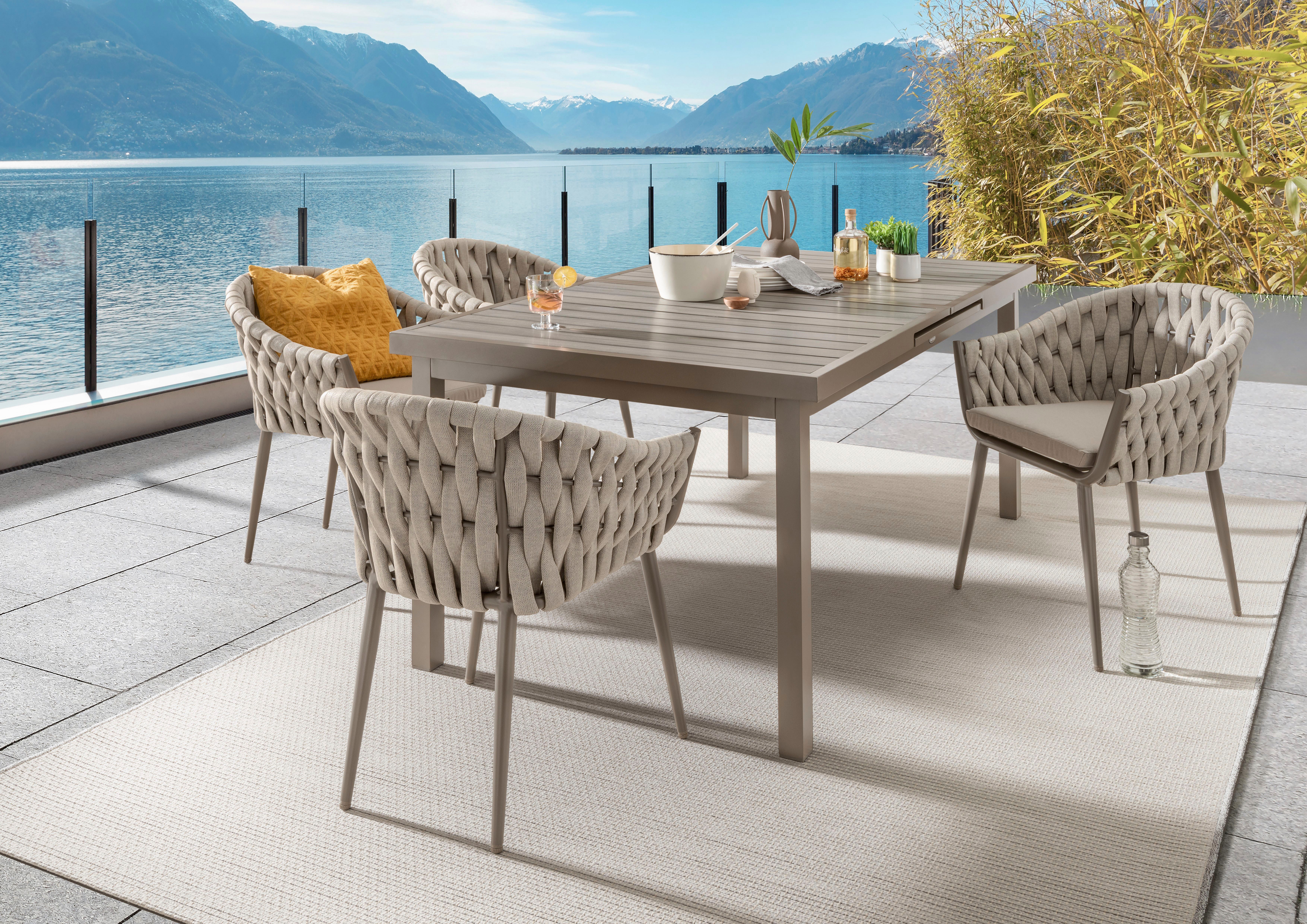 Destiny Garten-Essgruppe MOLINO IMOLA 4 Se + Ausziehtisch 165/ 215x100cm, taupe, (Set, 5-tlg., 4 Stapelsessel inkl. Sitzkissen, 1 Tisch mit Synchronauszug), Aluminium, Rope, Polywood