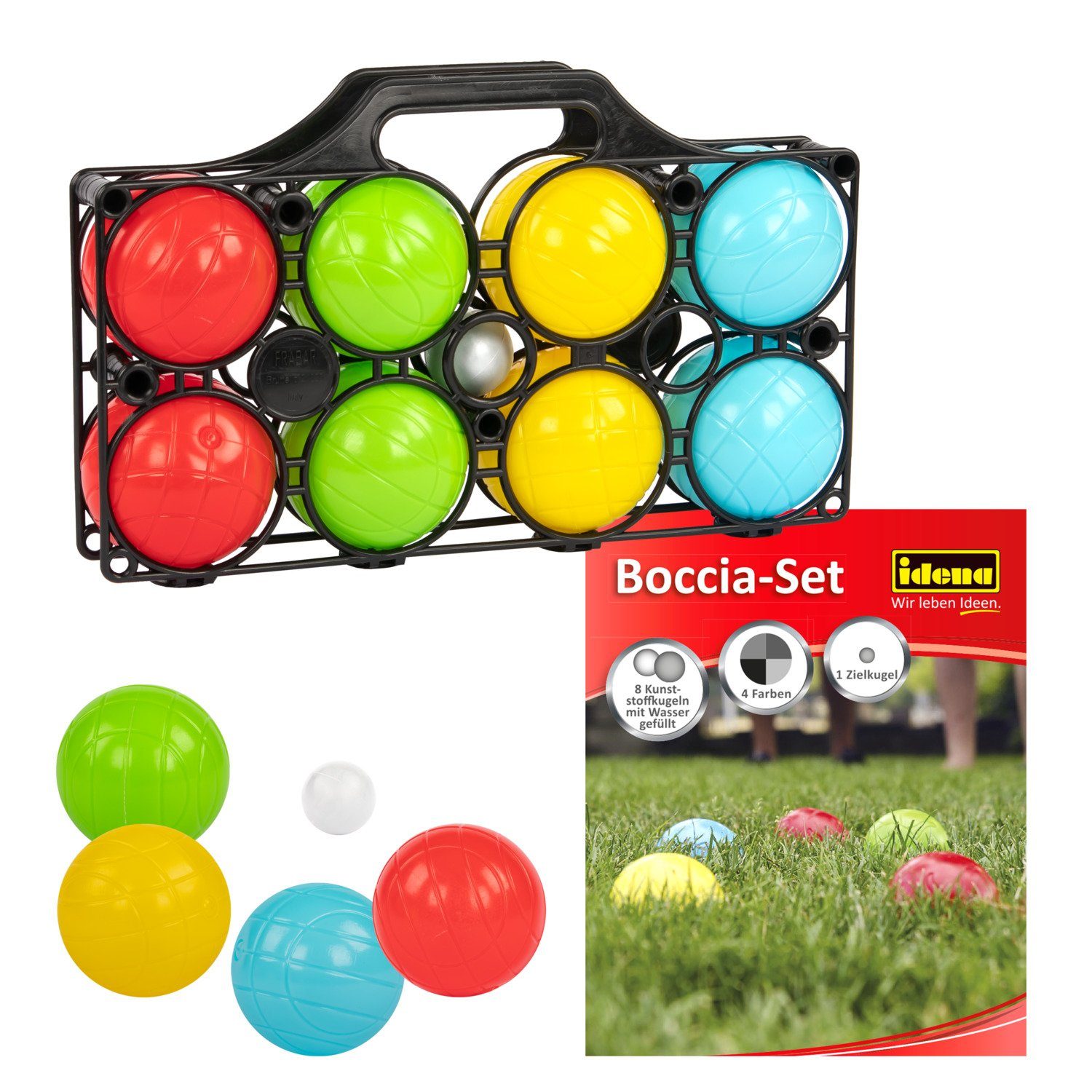 Spiel Idena 40409 - Boccia Spiel mit 8 farbigen Kugeln, Zielkugel und Tragek