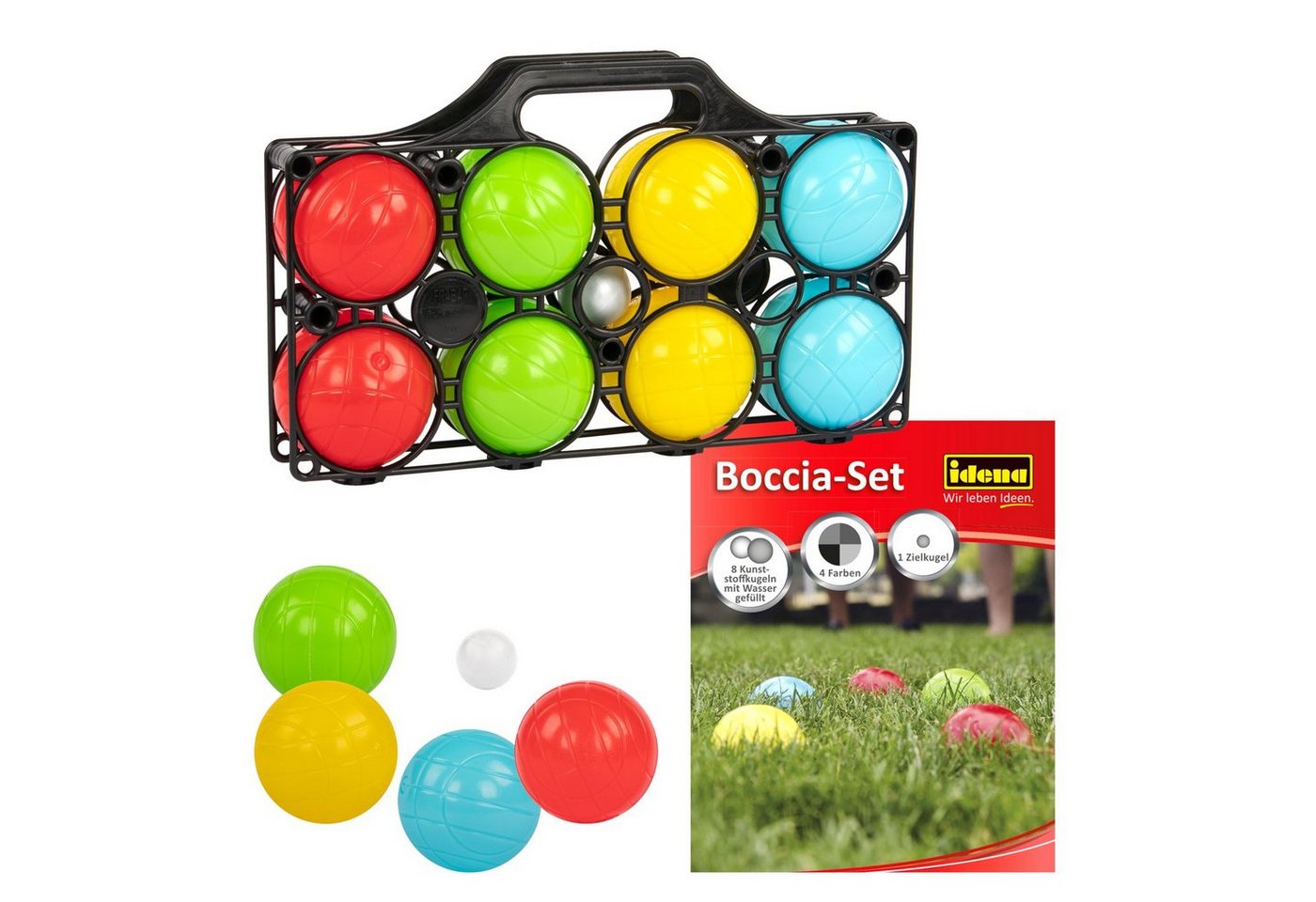 Idena Spiel Idena 40409 - Boccia Spiel mit 8 farbigen Kugeln, Zielkugel und Tragek