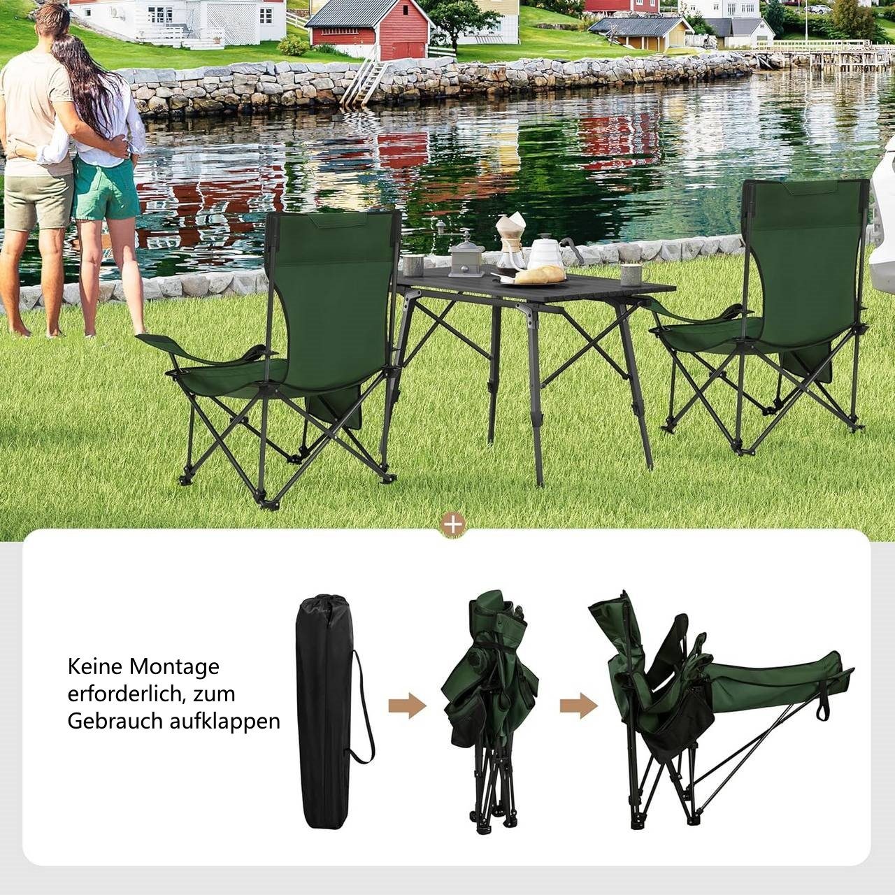 Grün Woltu Campingstuhl (2 St), mit Outdoor klappbar für Getränkehalter Armlehnen