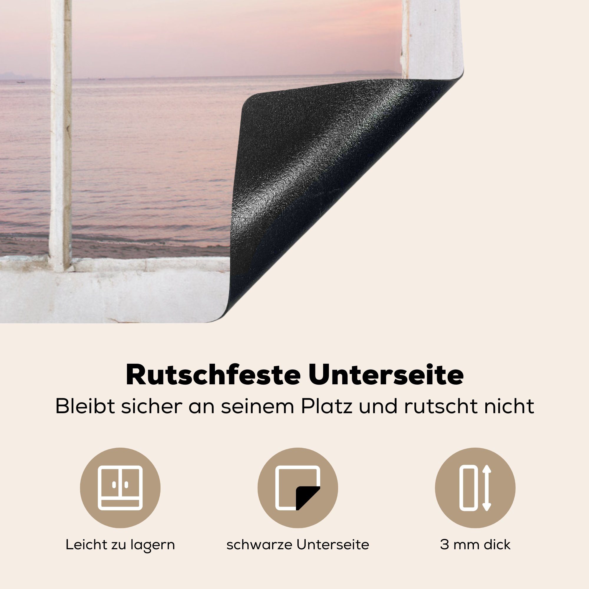 Induktionskochfeld Schutz Herdblende-/Abdeckplatte Aussicht küche, - die cm, für 81x52 Meer, Ceranfeldabdeckung Palme (1 Vinyl, - tlg), MuchoWow