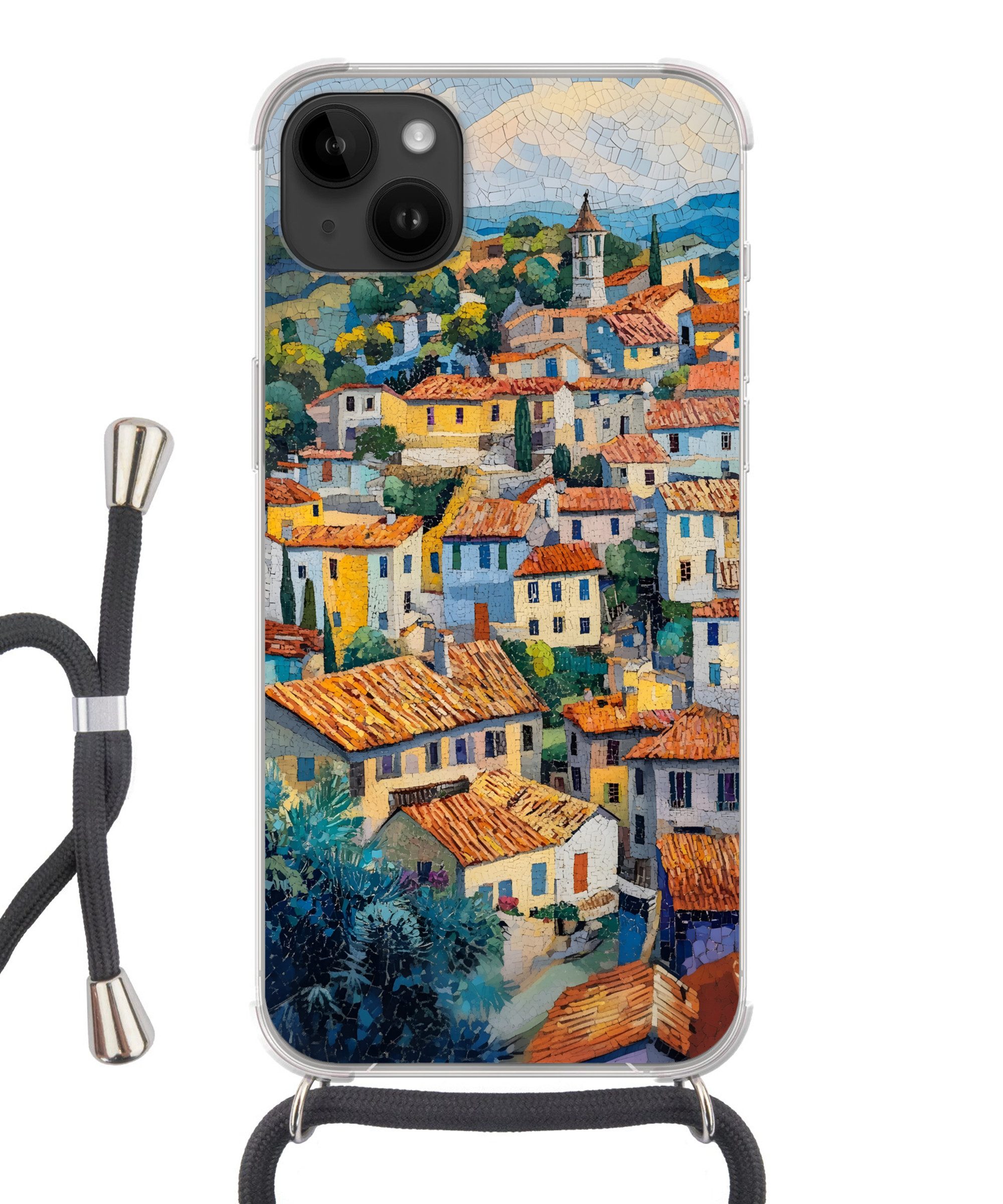 MuchoWow Handyhülle für Apple iPhone 14 Max Dorf - Hügel - Landschaft - Bäume, Tragbare Handyhüllen mit Kette zum umhängen, Handykette Handyband