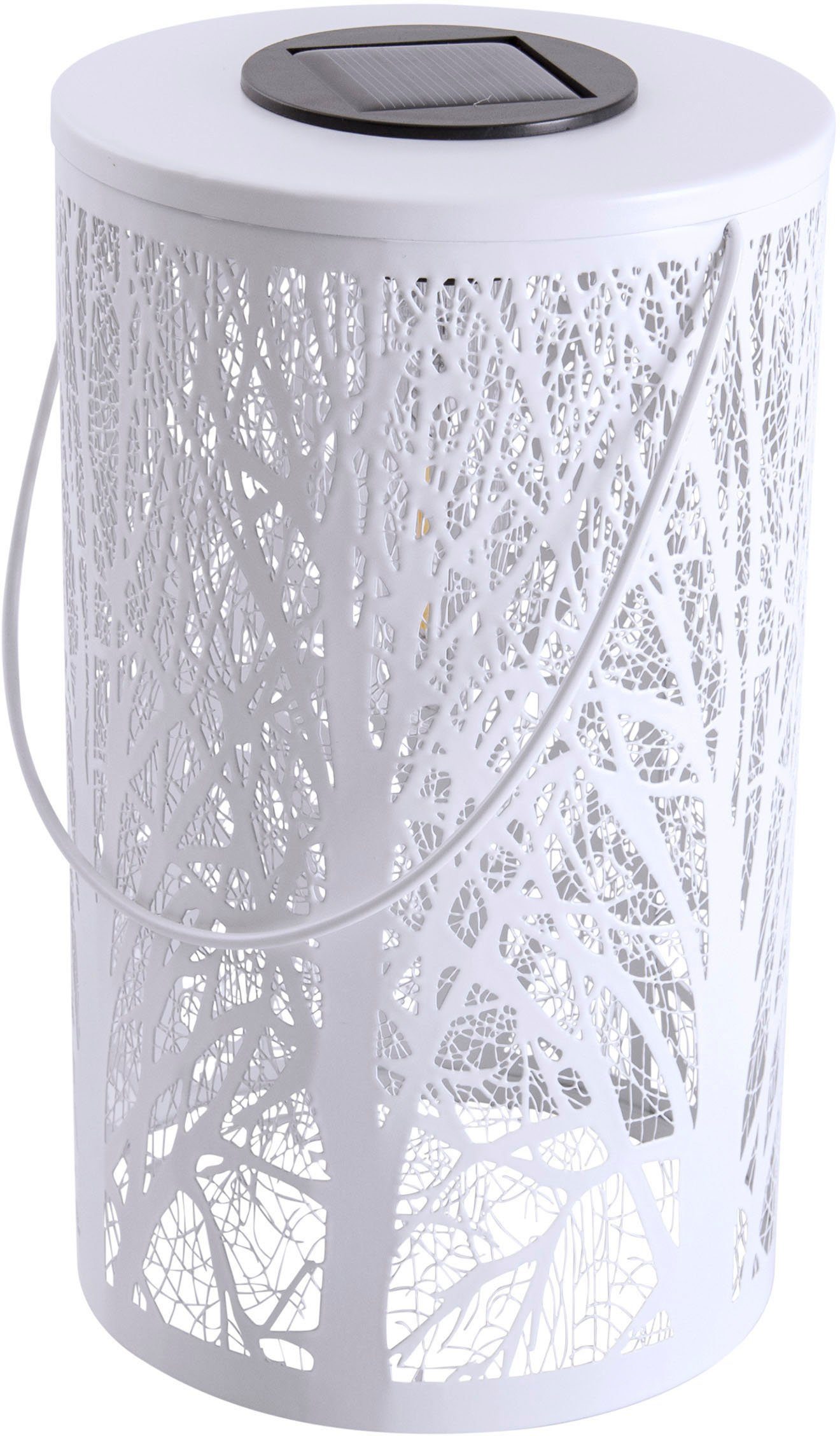 näve LED Solarleuchte Wald, LED fest integriert, Warmweiß, rund D: 12cm, H: 20cm, weiß, Waldmotiv, warmweißes Licht, Akku, Griff