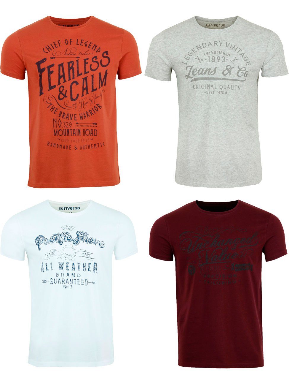 riverso T-Shirt Herren Printshirt RIVLeon Regular Fit (4-tlg) Kurzarm Tee Shirt mit Rundhalsausschnitt aus 100% Baumwolle Pack 14