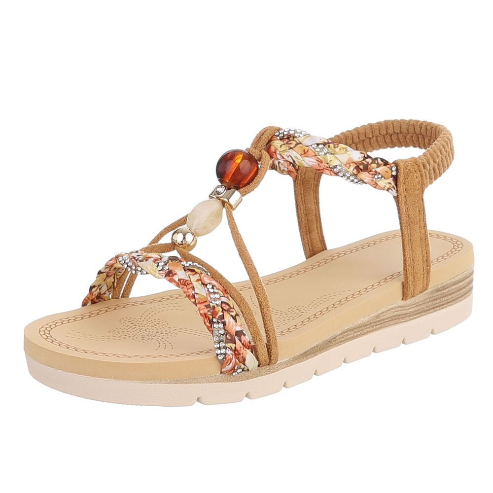 Ital-Design Damen Sandale mit Schmuckdetails und Riemendesign Riemchensandalette (91971192) Keilabsatz/Wedge Keilsandaletten in Camel