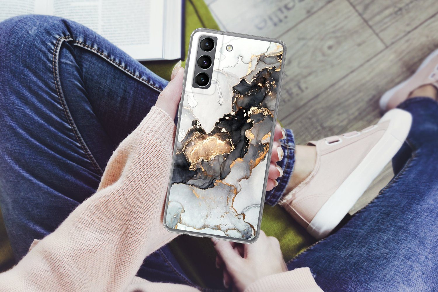 MuchoWow Handyhülle für Samsung Galaxy S21 Marmor - Schwarz - Weiß - Gold - Luxus - Abstra, Phone Case, Silikon, Schutzhülle Dünn