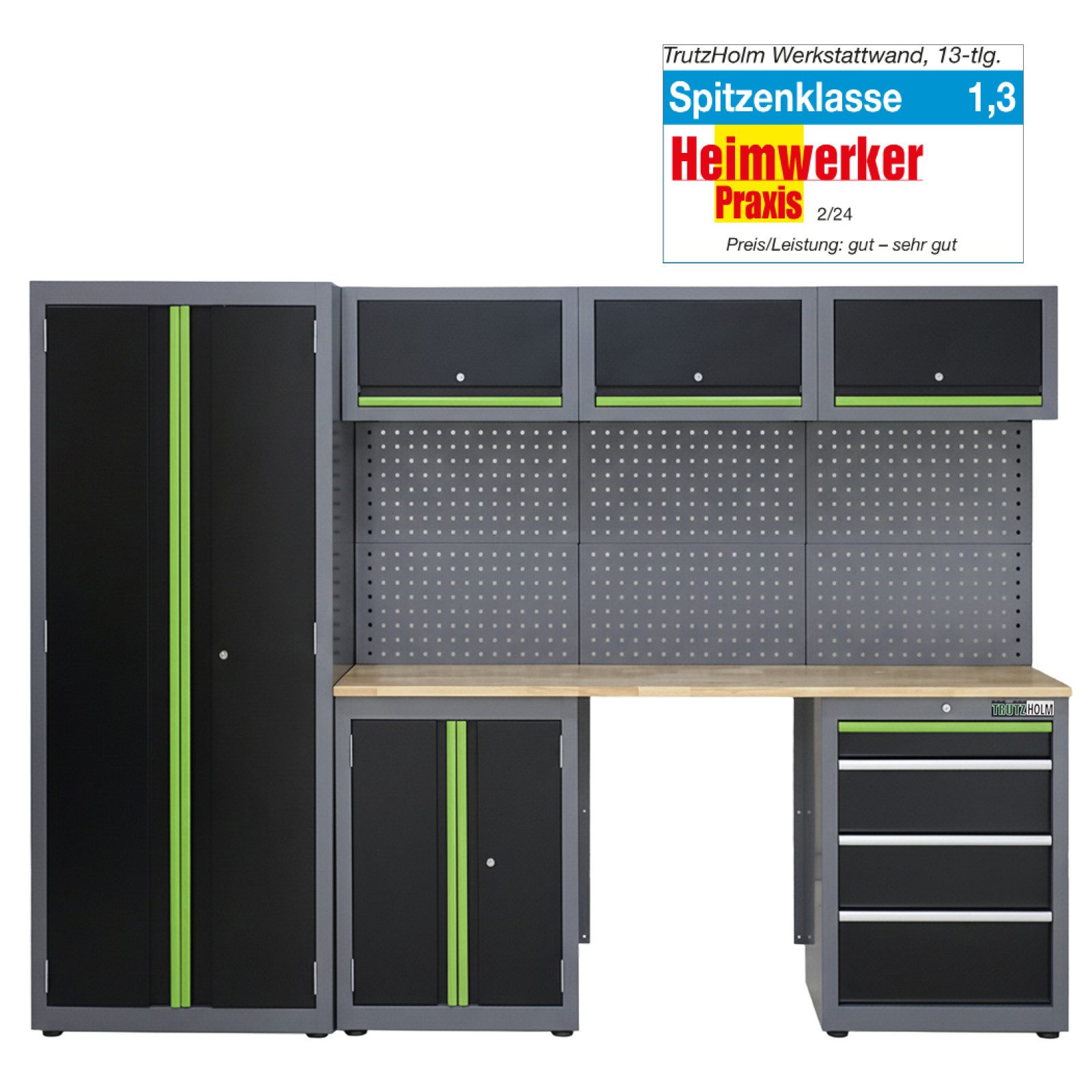 TRUTZHOLM Werkstatt-Set Werkstattwand 13-tlg. Werkstattschranksystem modular aus Stahl, (13-tlg., 13-tlg), Modulares Werkstattschranksystem mit Holzarbeitsplatte