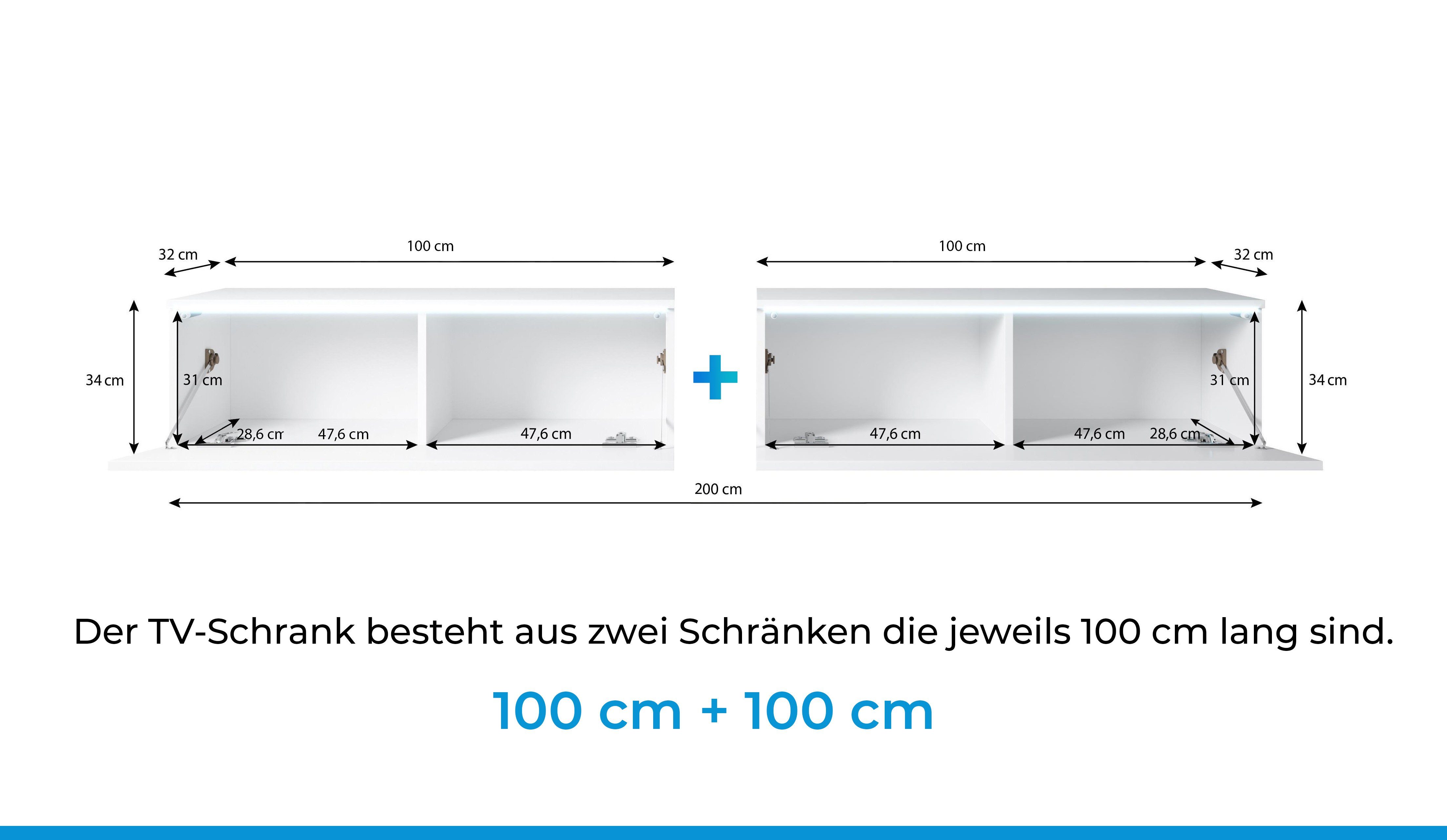 T32 H34 cm, x Wotan/WeißHochglanz x Furnix 2x100cm TV-Board BARGO Lowboard B200 Fernsehschrank,