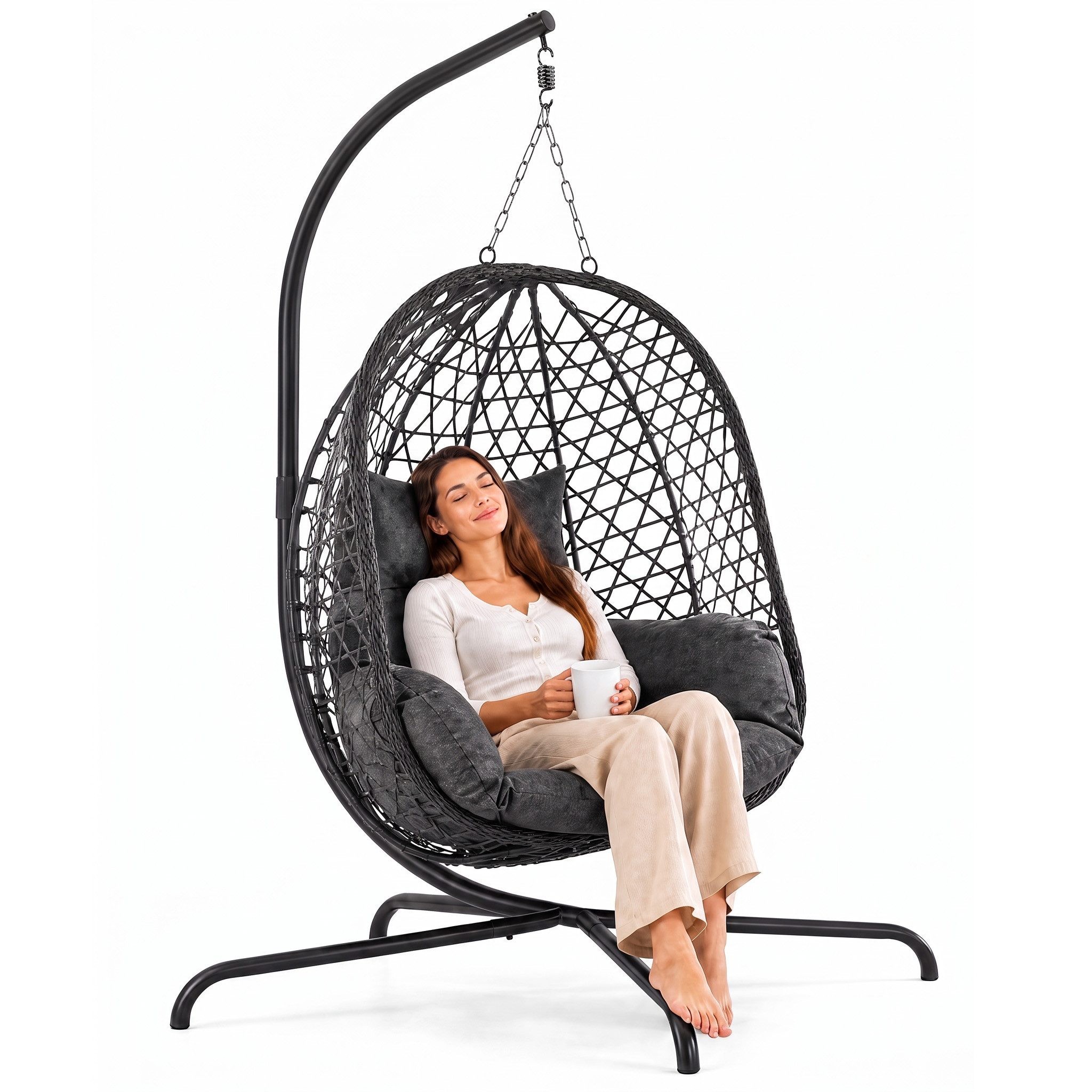 Goods+Gadgets Hängestuhl Polyrattan Hängestuhl mit Gestell und Kissen–Komfort für Innen & Außen (Hängekorb Sessel), Schwebeliege Rattan Outdoor & Indoor Relax Hängeliege