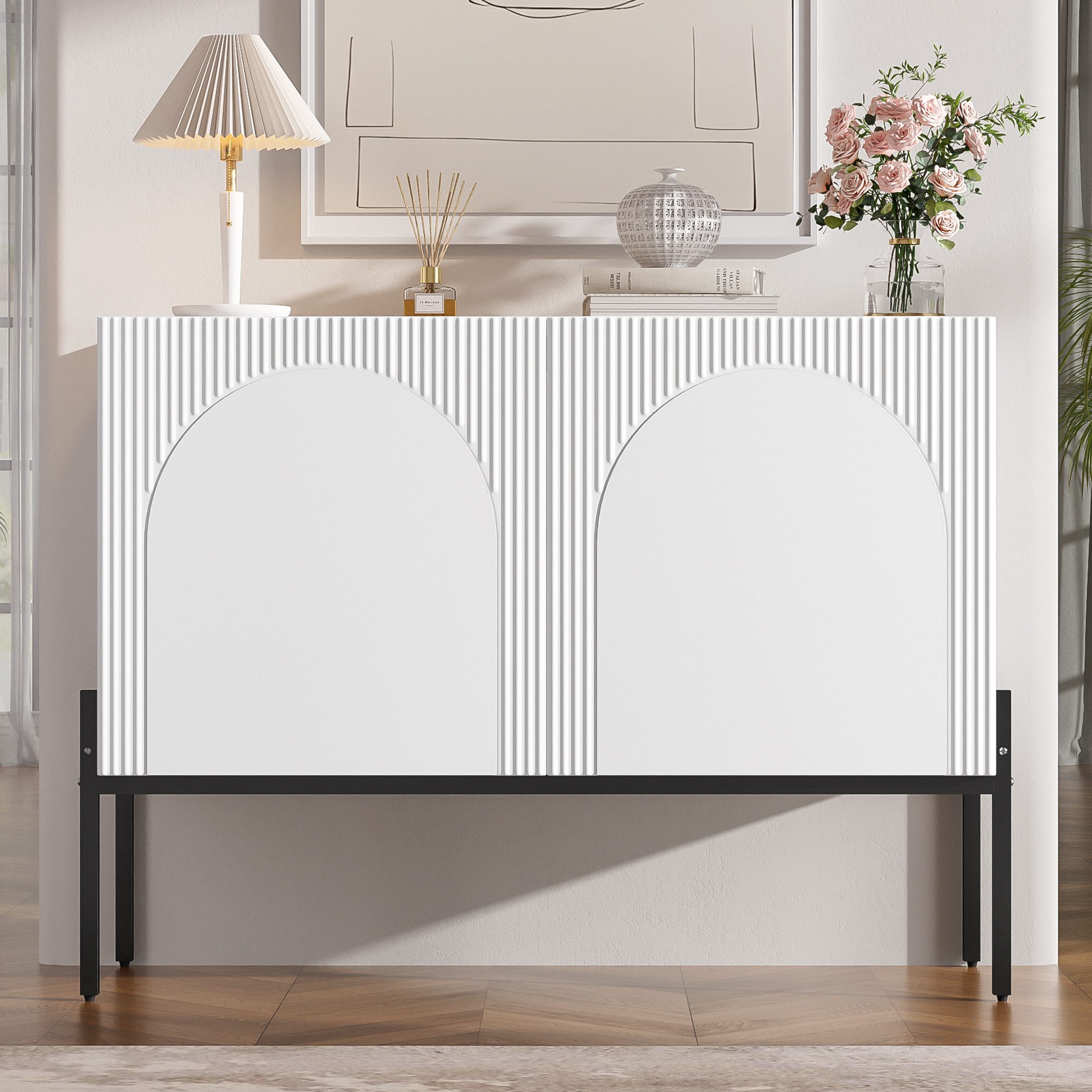 Flieks Sideboard mit 2 Türen, verstellbarer Einlegeböden und Metallbeinen (100x40x75 cm, 1 St., Schrank für Wohnzimmer, Esszimmer, Schlafzimmer), Kommode Mehrzweckschrank Multifunktionsschrank Weiß
