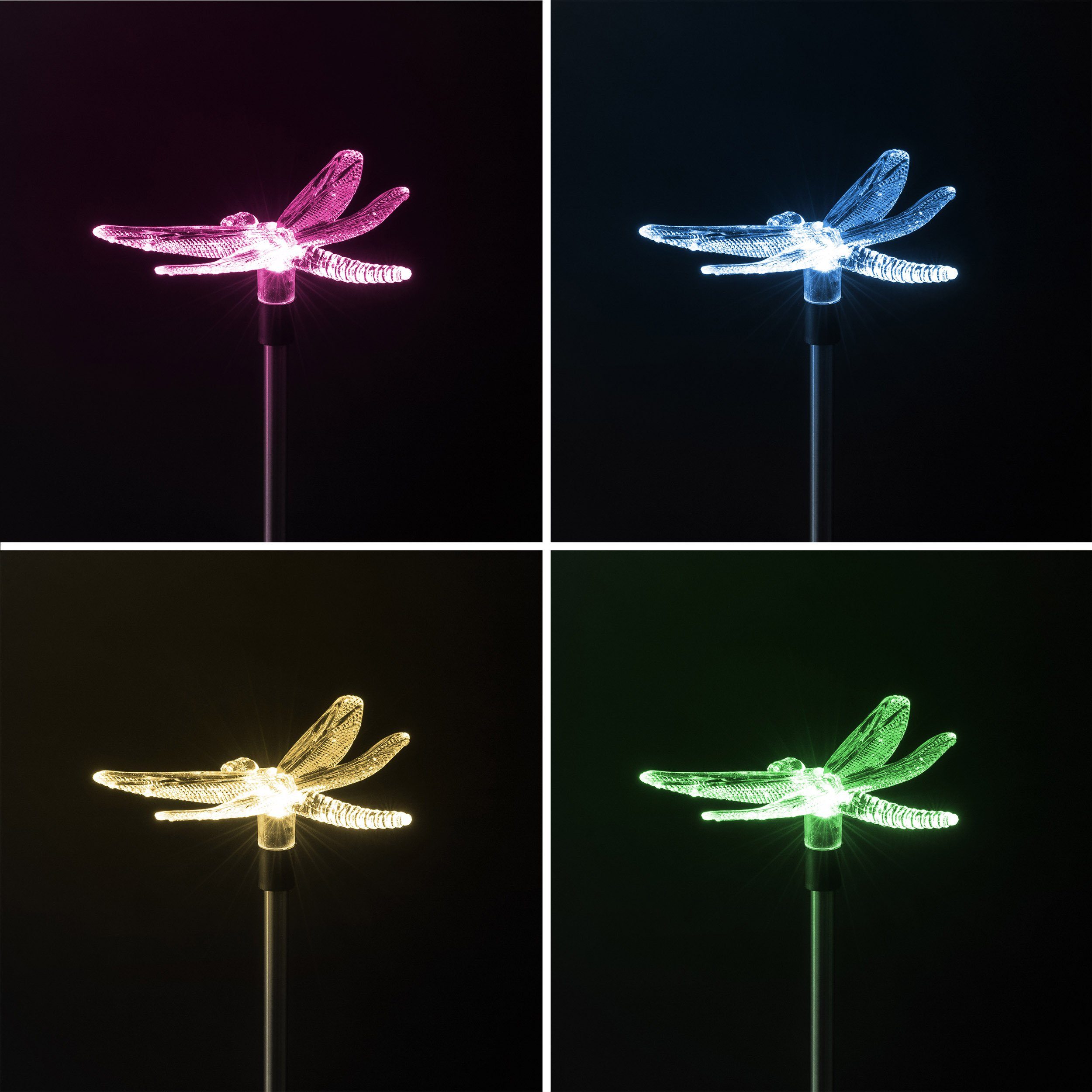 4er LED Motive: moderne Farbwechsel, Kolibri, Gartenstecker, BONETTI Solarlampen, Libelle, automatischer Set Einschaltautomatik Solarleuchte 4 Solar Blume, Schmetterling,