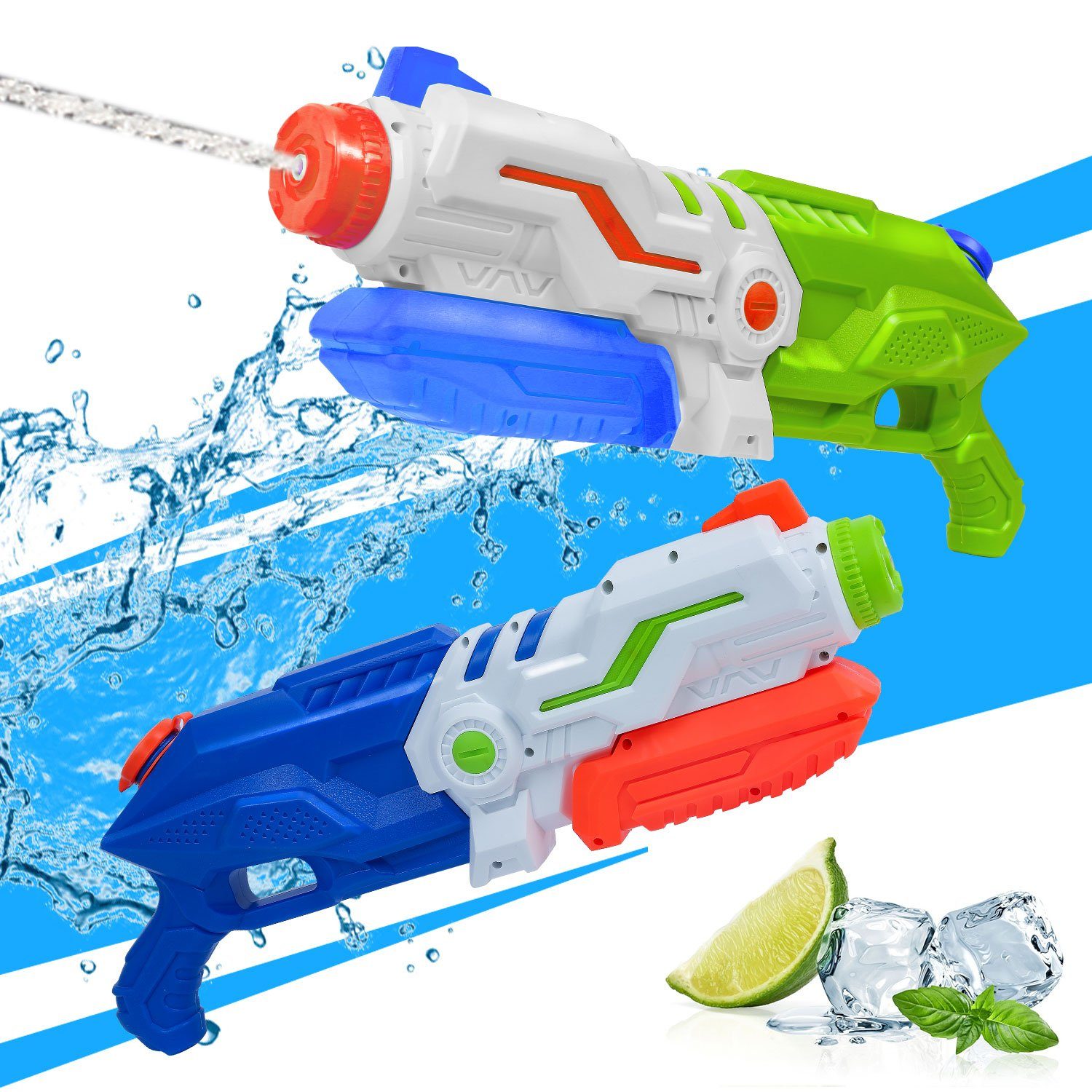 2x Wasserpistole in Blau und Orange mit Tank 26 cm Länge. Super Water Fun 