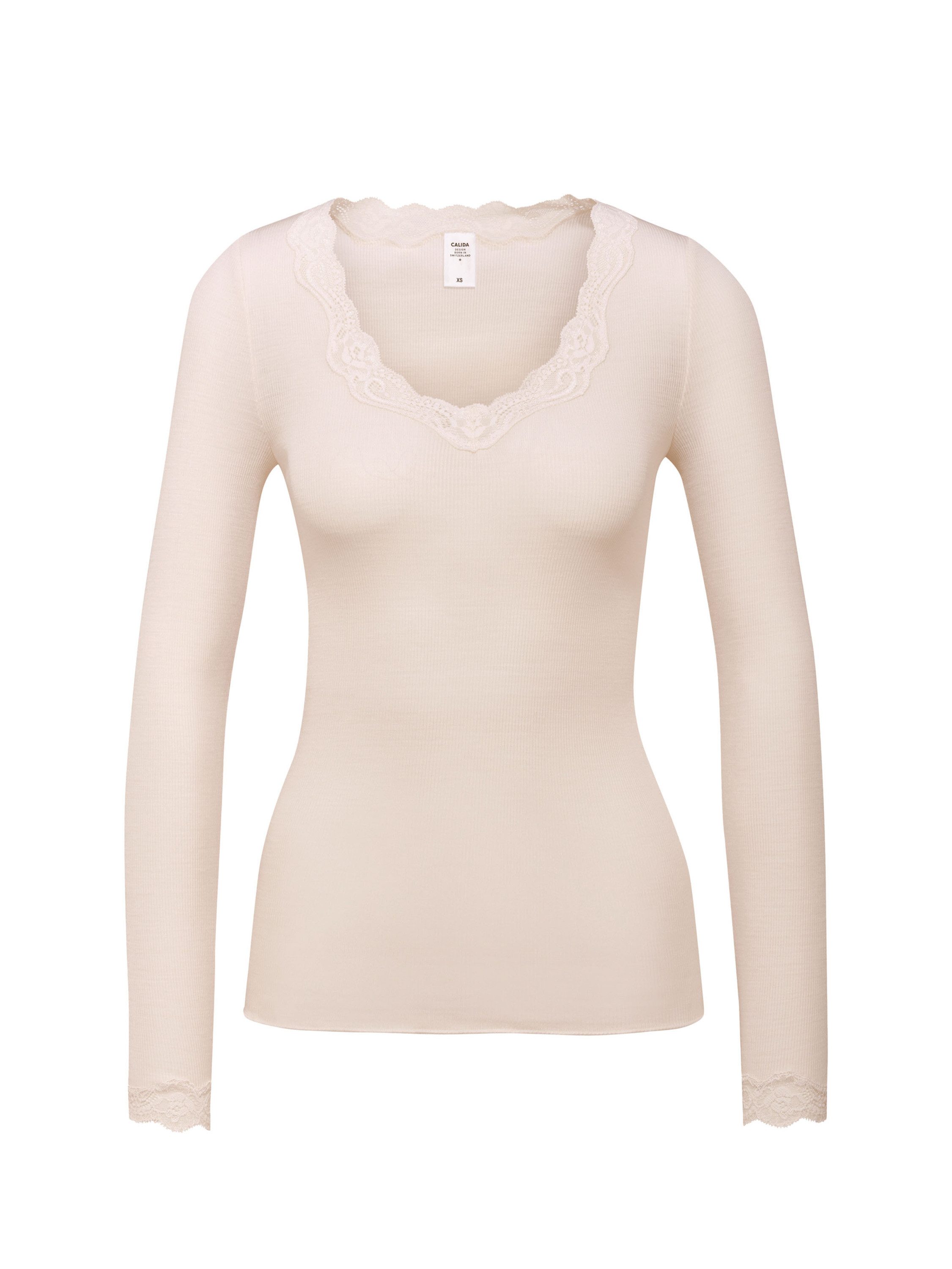 CALIDA Unterziehshirt Richesse Lace Damen (1-St) aus Wolle-Seide, Feinripp, temperaturausgleichend, geruchshemmend