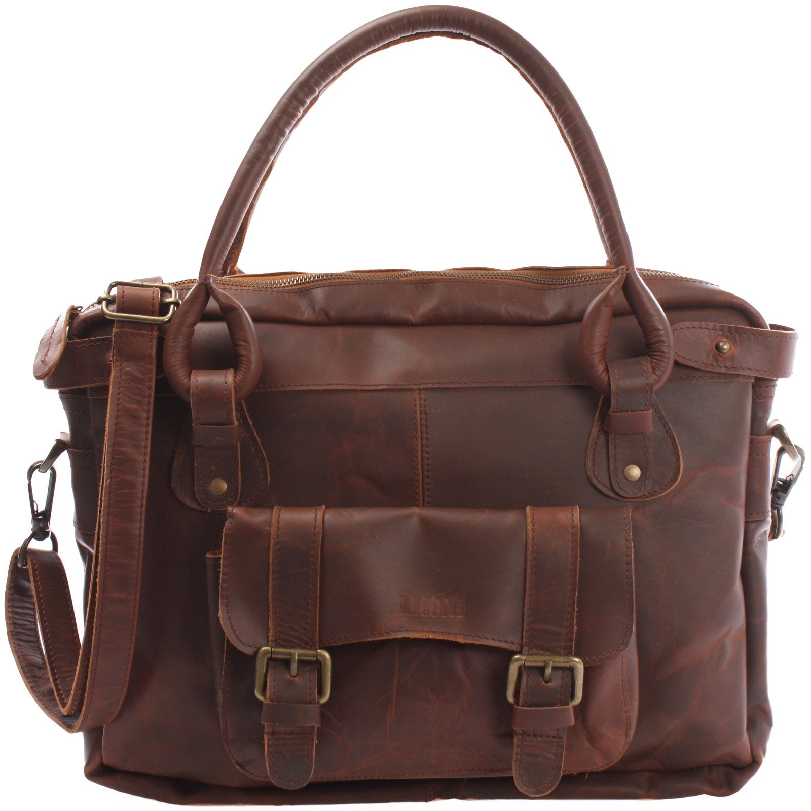 LECONI Schultertasche große Henkeltasche DIN A4 Damentasche Handtasche Echt Leder LE0050, Nieten & Schnallen - Frontfach mit Magnet - 38×29×11 cm