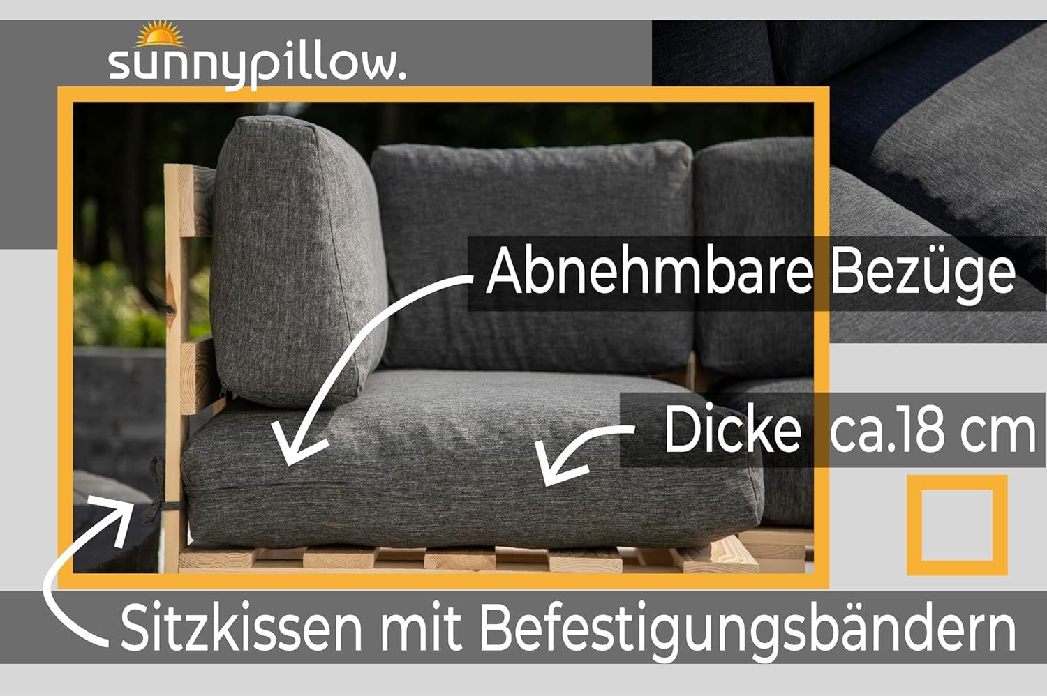 sunnypillow Palettenkissen Boston - Set Palettenauflage mit abnehmbarem Bezug, Indoor / Outdoor, 2er Set Sitzkissen + Rückenkissen