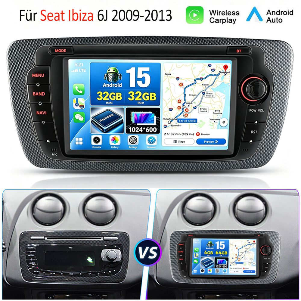 ESSGOO DAB+ 64G Android 15 Für Seat Ibiza IV 6J 2009-13 GPS Navi RDS Carplay Autoradio (RDS, 4+64GB(optional), DAB (optional), FM, AM, DAB+ (optional), Apple Carplay & Android Auto,2+64GB(optional),EQ SWC,DBA)