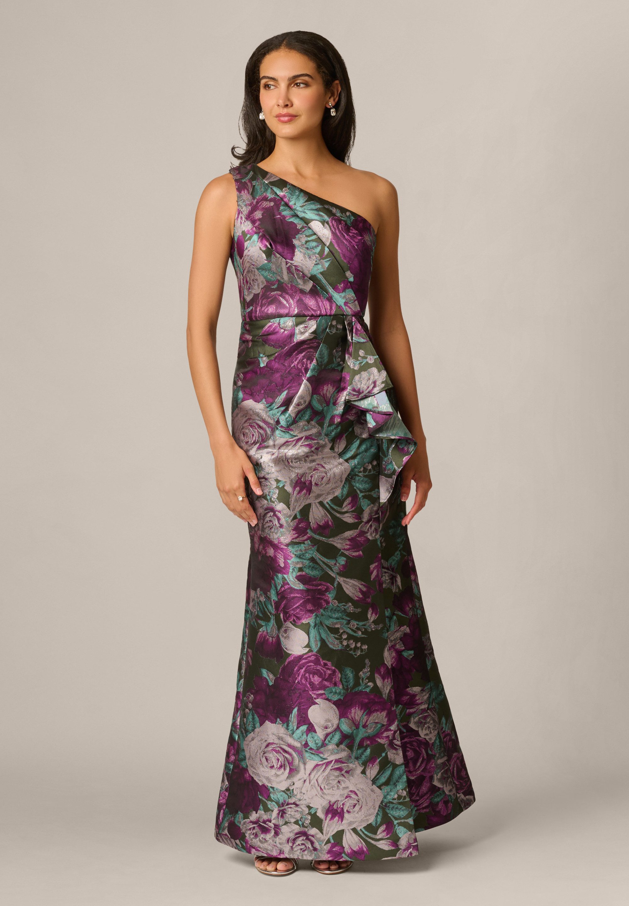 Adrianna Papell Abendkleid One Shoulder Jacquard Gown Elegantes, glamouröses Metallic-Jacquard-Kleid