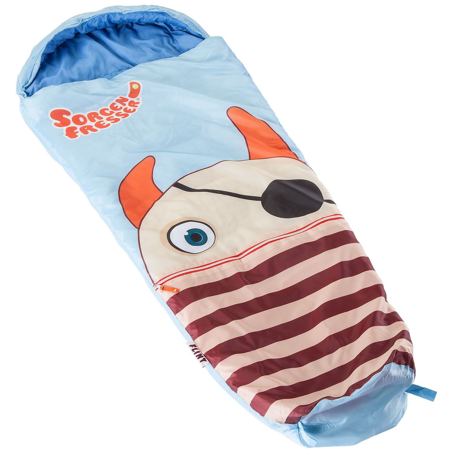 Skandika Kinderschlafsack Sorgenfresser Flint, Mumienschlafsack für Kinder, Camping, Outdoor (170 (140 + 30) x 70/45 cm, Großzügige Kapuze), Jungs, Mädchen, Komfortbereich 12 – 3 °C, wasserabweisend, Mund-Tasche