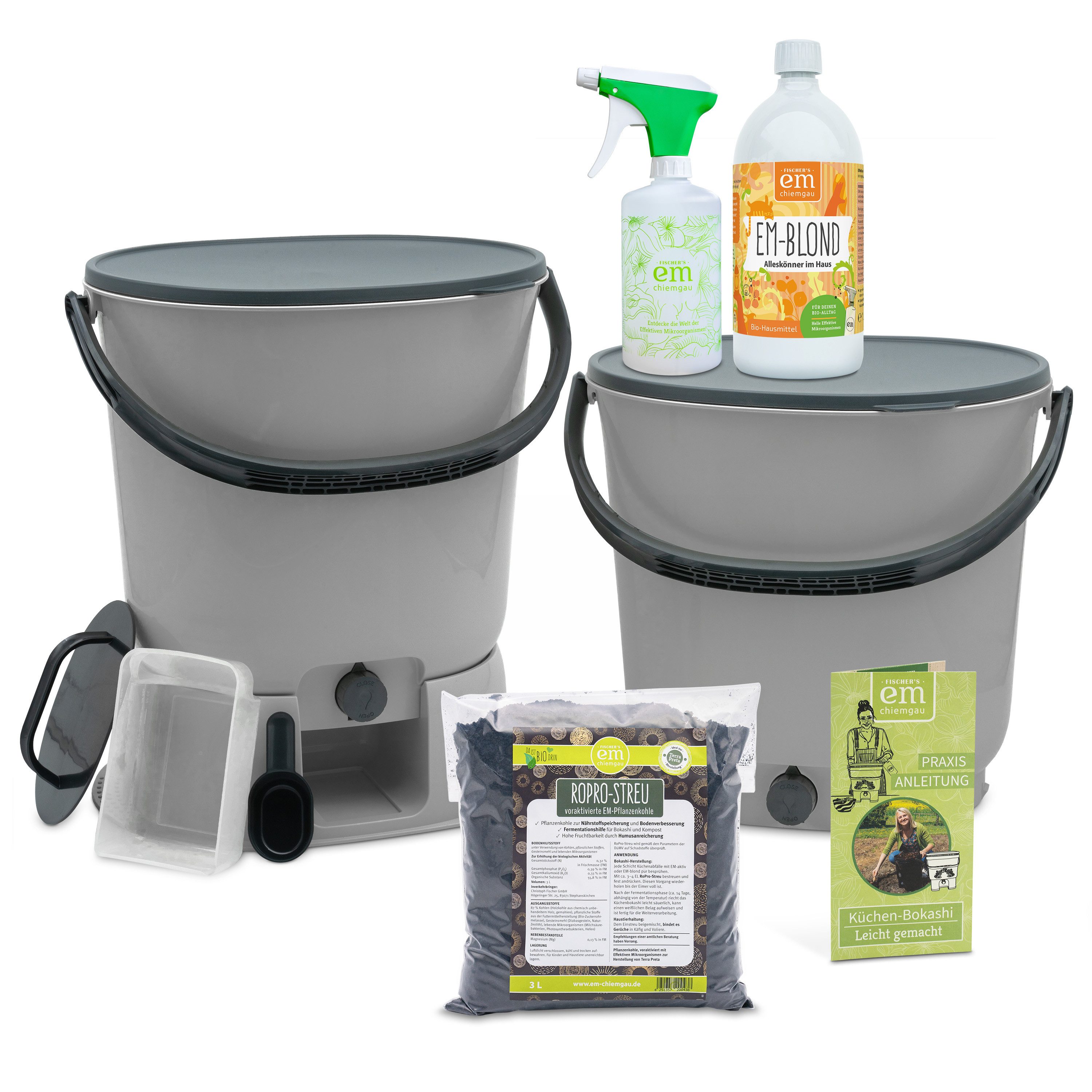 Fischer's EM-Chiemgau Komposter Restemeister Bokashi-Set, (Spar-Set, Nachhaltige Küchenabfallverwertung & Bodenverbesserung mit effektiven Mikroorganismen)