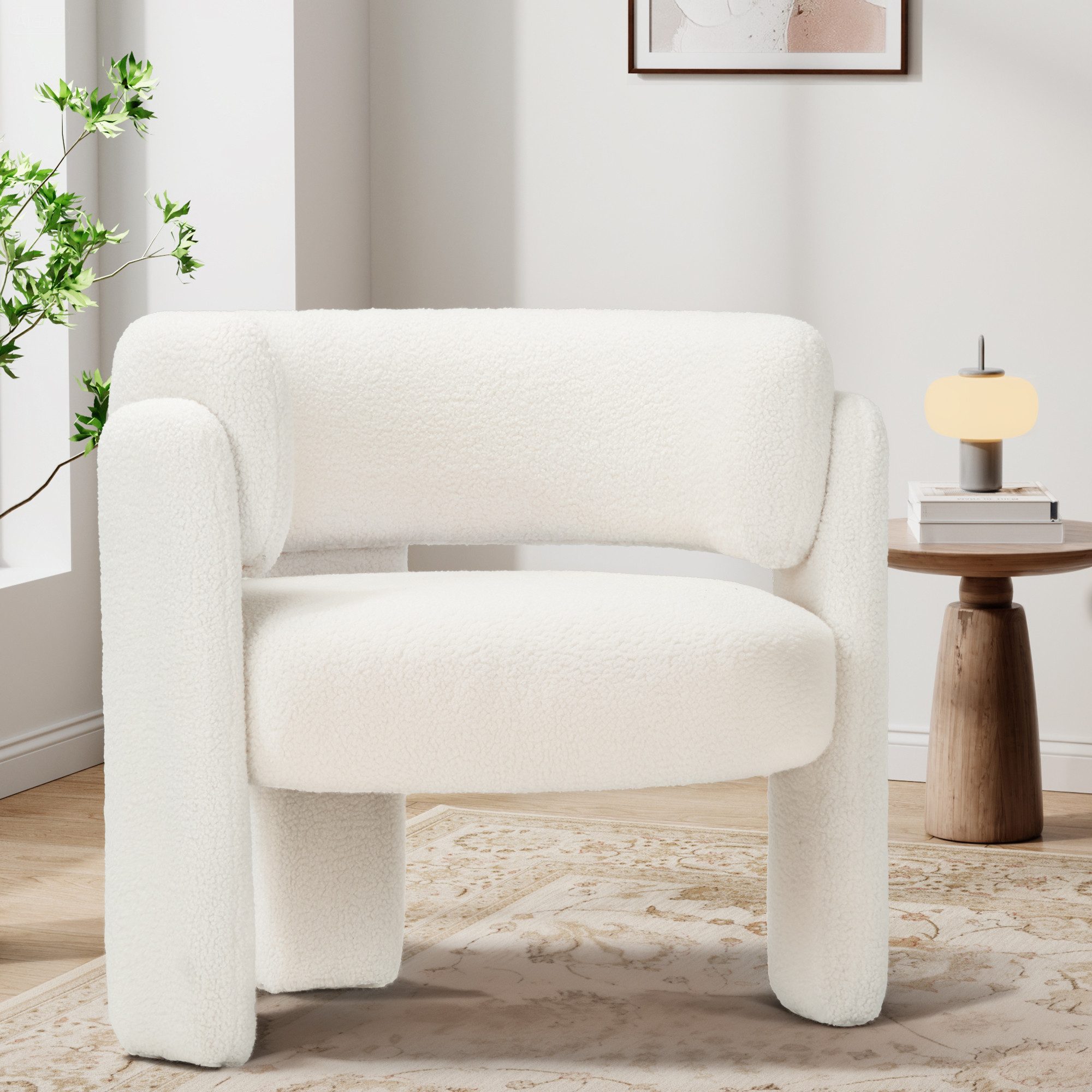 smartue Cocktailsessel Moderner Polsterstuhl aus Bouclé mit Armlehnen und Holzbeinen, Gemütlicher Loungesessel mit runder Rückenlehne für …