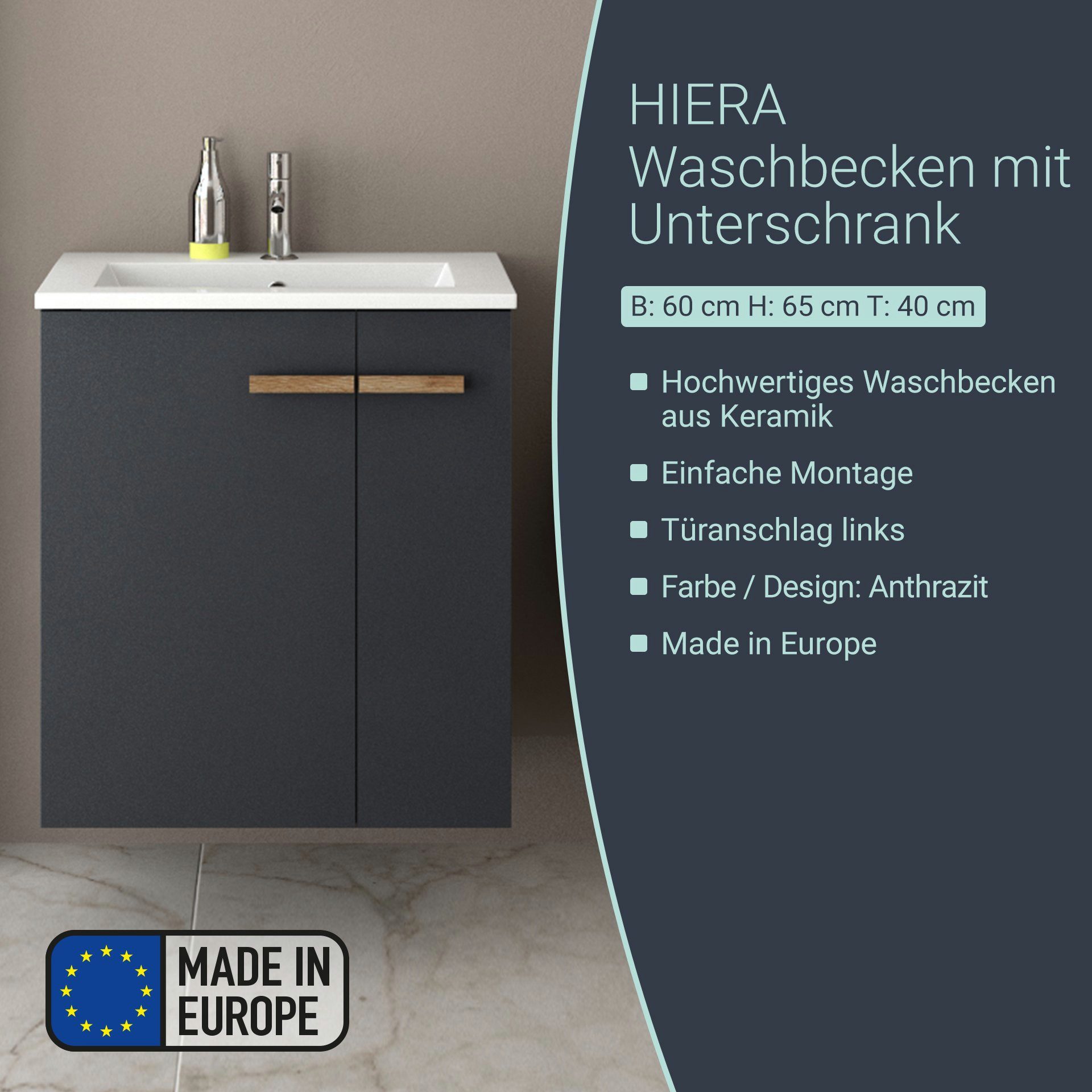 BADEDU Badmöbel-Set Waschbecken und Unterschrank, Keramik, Holzgriffe