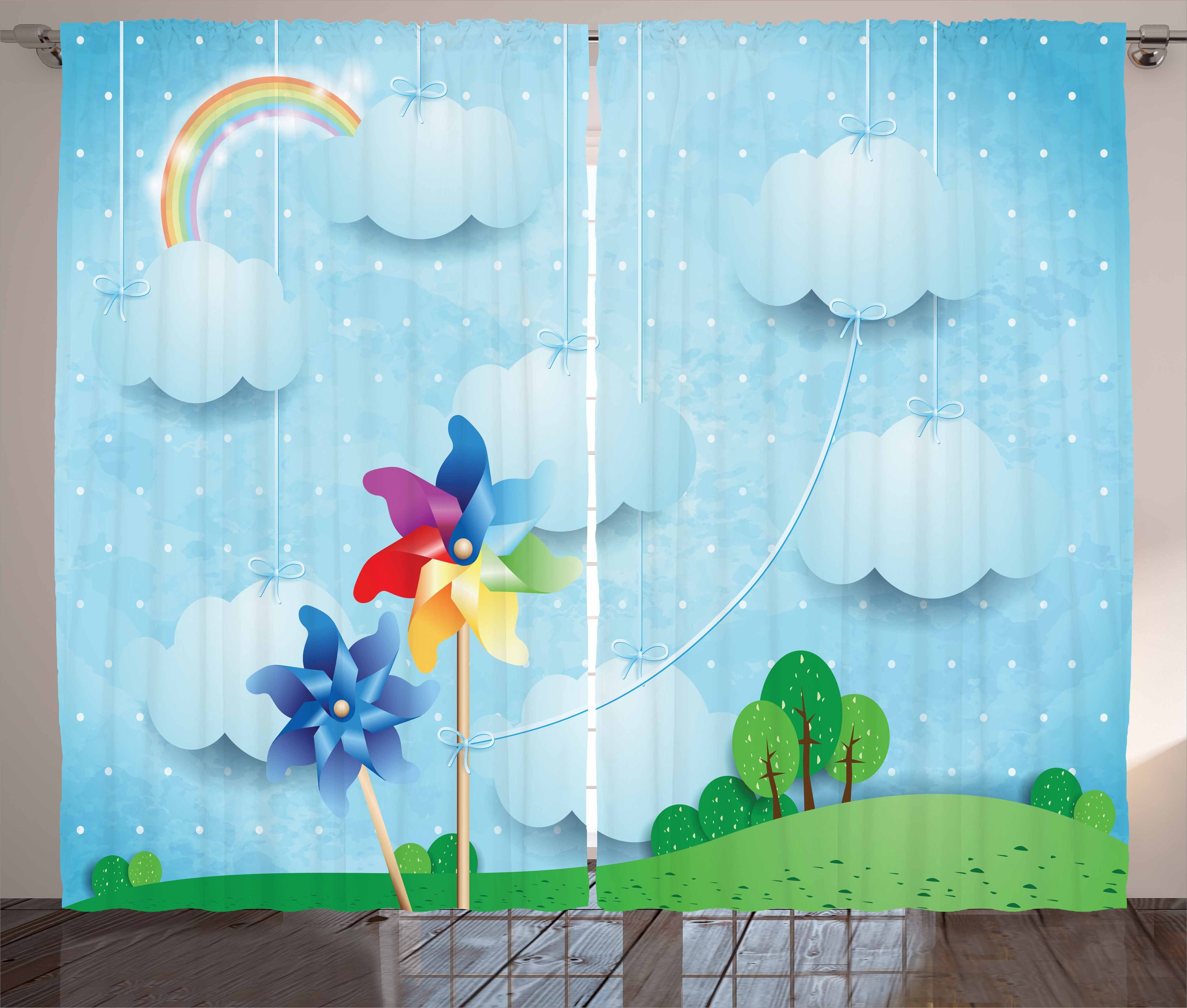 Gardine Schlafzimmer Kräuselband Vorhang mit Schlaufen und Haken, Abakuhaus, Pinwheel Wolken Regenbogen-Bäume
