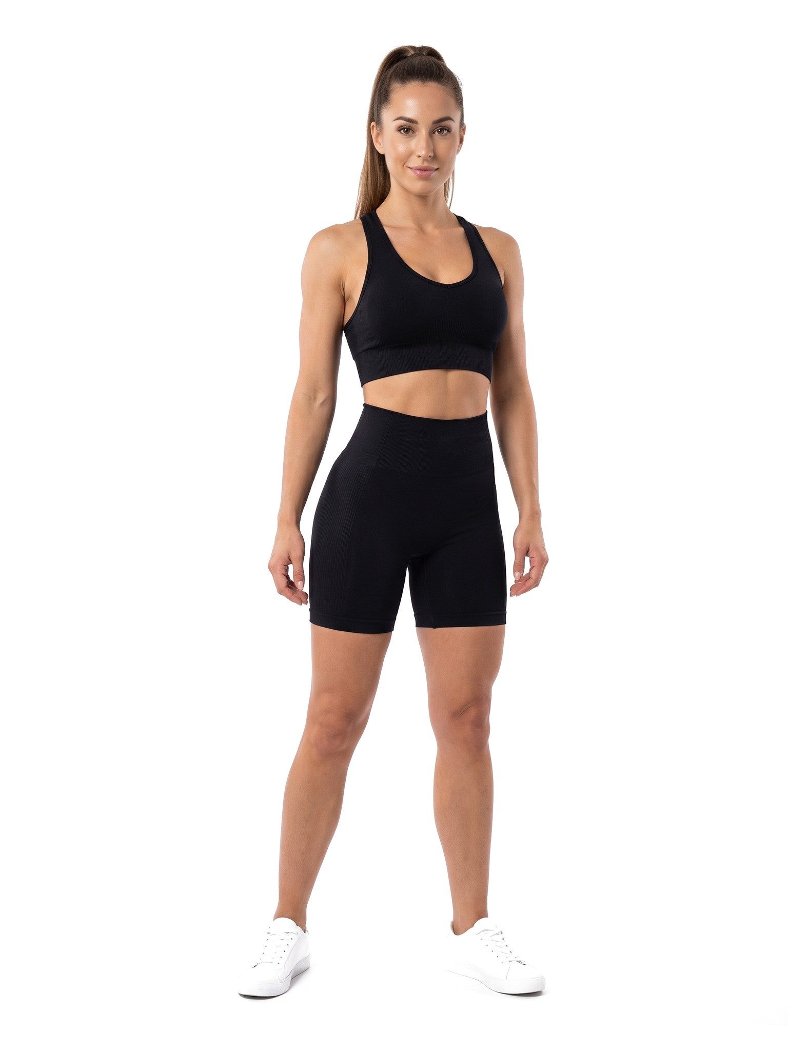 Black Snake Sportanzug kurz für Damen Seamless Gym Outfit mit Sport-BH-Top und engen Shorts (Sportset, 2-tlg., Schwarz S), Blickdicht in Radlerlänge mit hohem Bund und seitlicher Rippstruktur