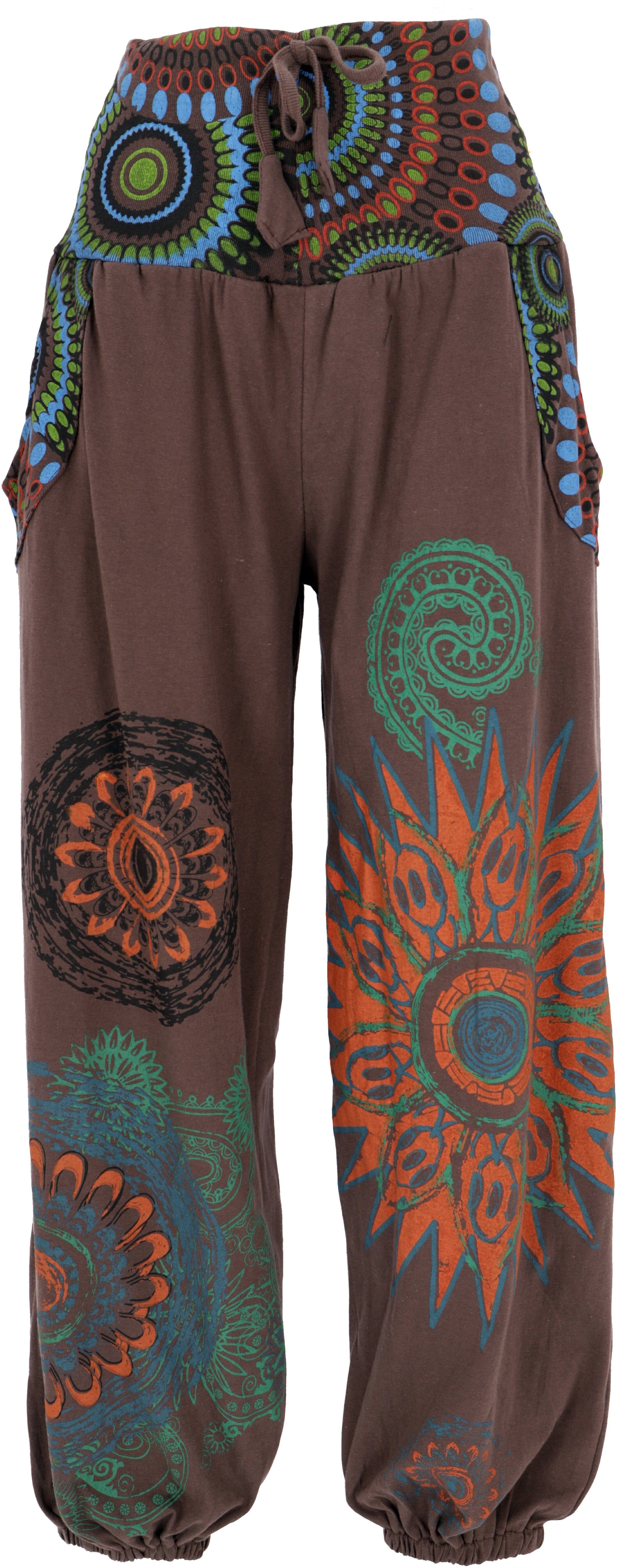 Guru-Shop Relaxhose Weite Pluderhose mit breitem Bund und Boho.. Ethno Style, alternative Bekleidung braun