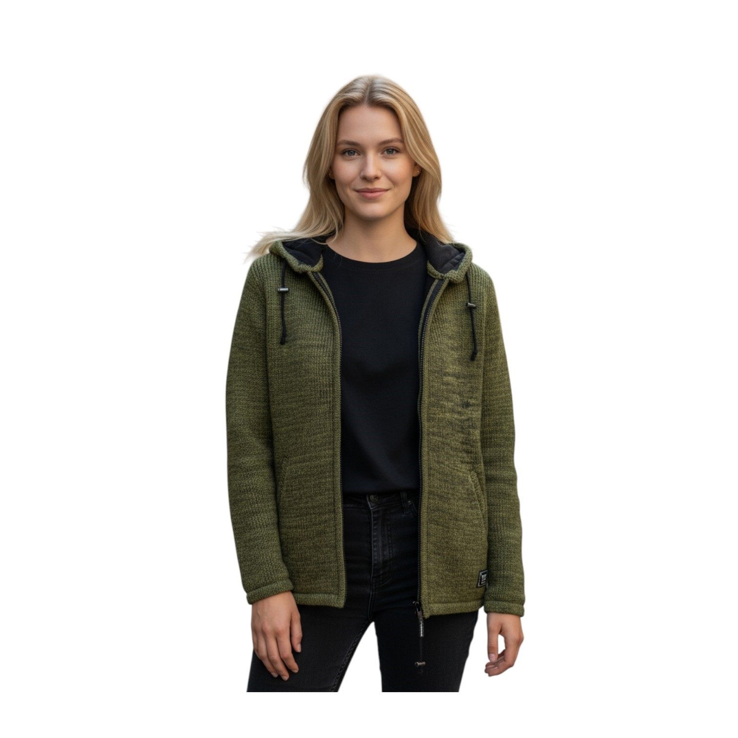 THC Natural Line Strickjacke THC Schafwollstrickjacke 627 grün (1 Stück, 1-tlg., 1 Stück) abnehmbare Kapuze