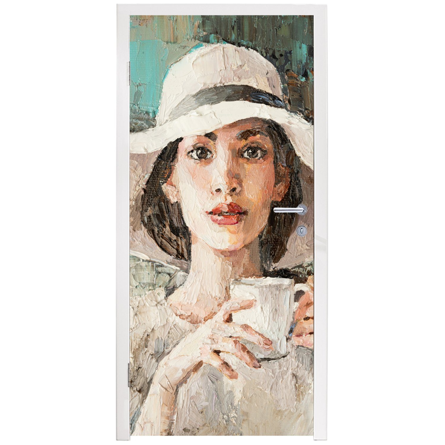 75x205 (1 - Türaufkleber, Türtapete für Kaffee - Gemälde - Matt, Hut, bedruckt, MuchoWow Frau Ölfarbe St), cm Tür, Fototapete -