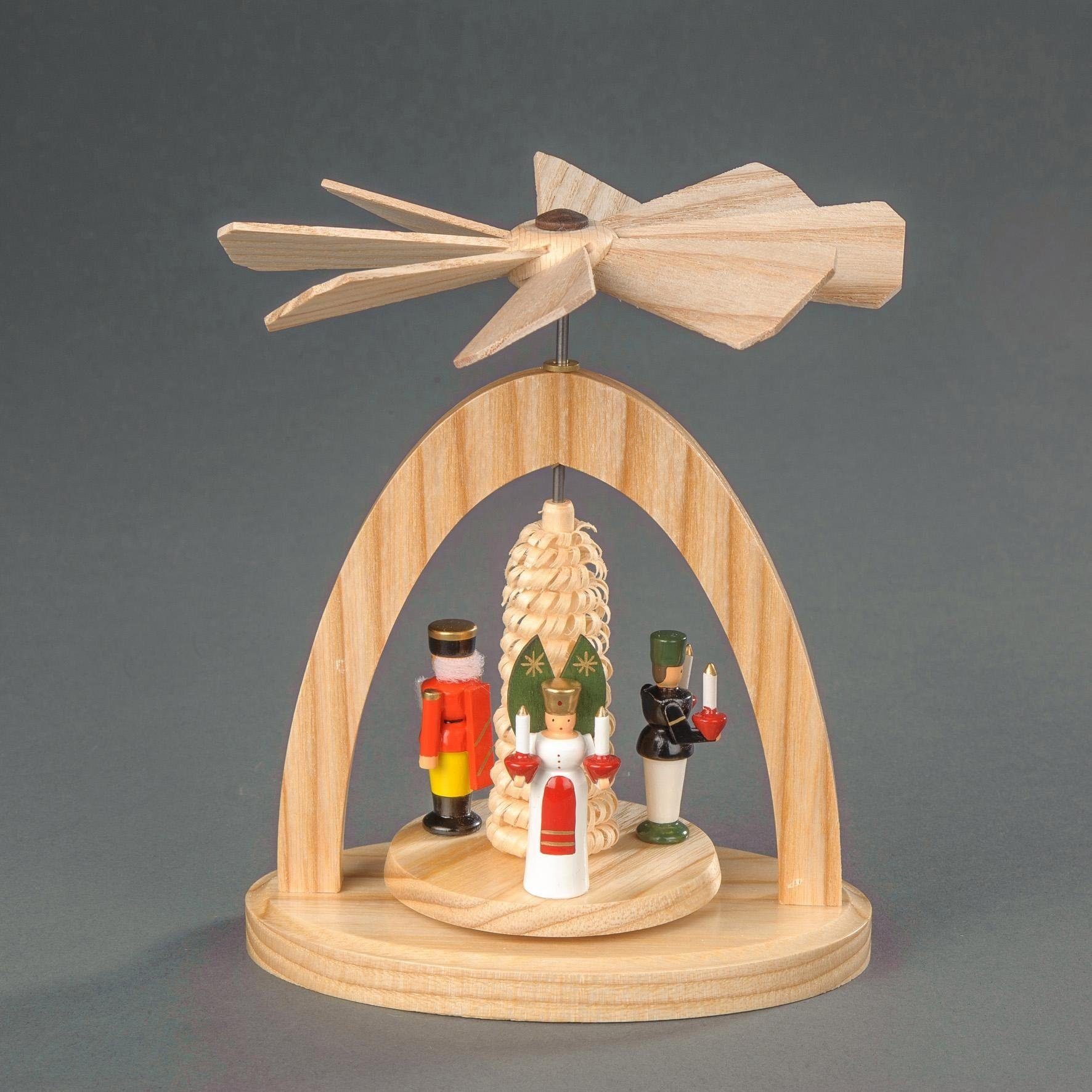 Albin Preissler Weihnachtspyramide Wärmespiel mit Engel, Bergmann und Nussknacker, Handwerkskunst aus dem Erzgebirge