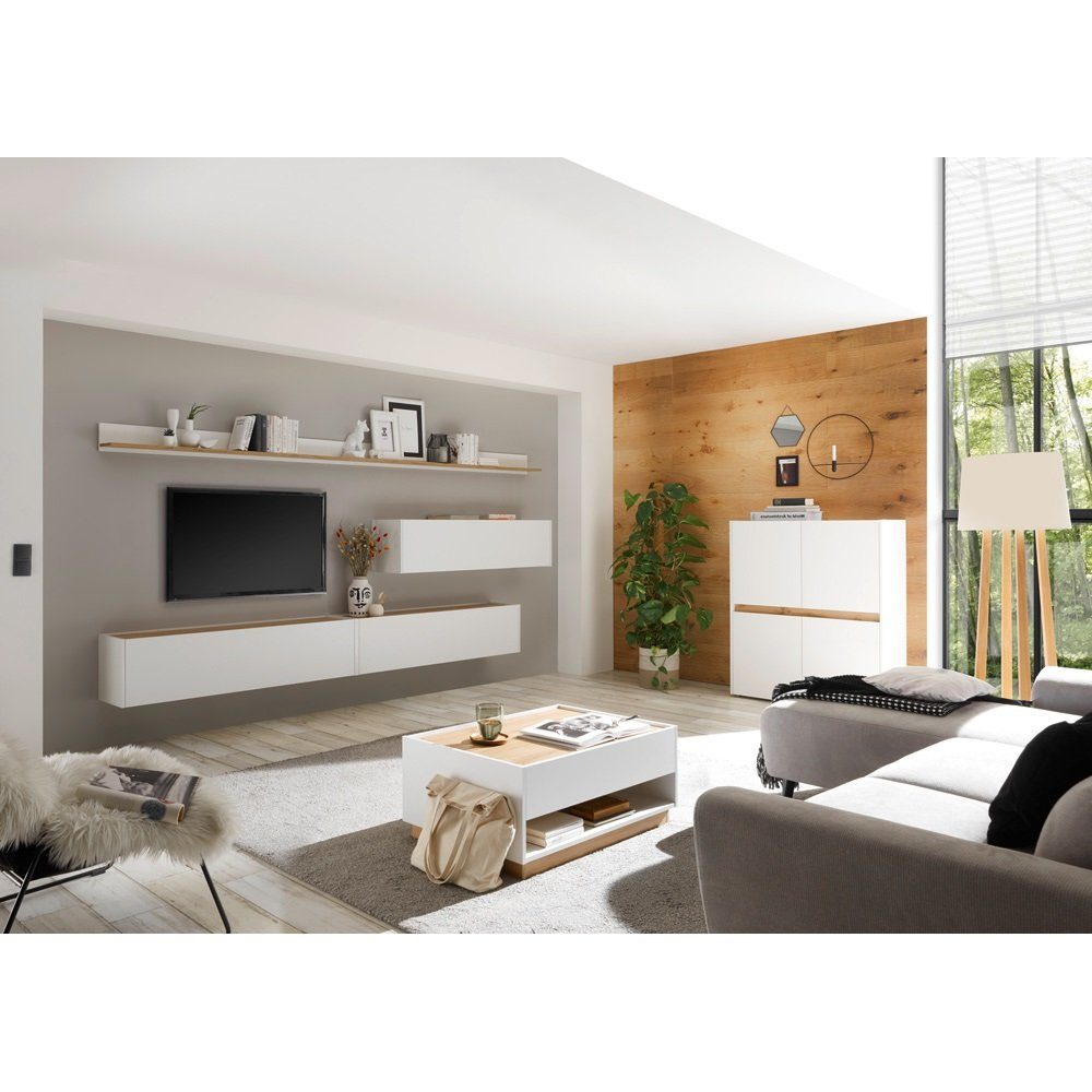 Lomadox Wohnwand CRISP-61, (7-St., 7-tlg), Komplettes Wohnzimmer Set in weiß mit Absetzungen in Wotan Eiche Nb. | Wohnwände