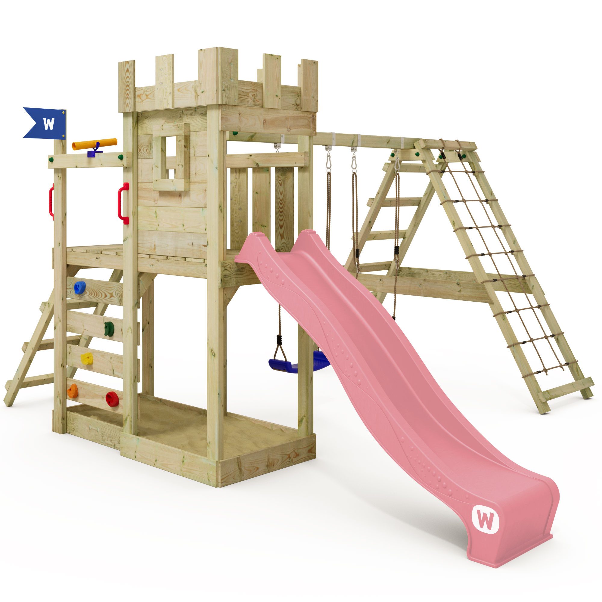 Wickey Klettergerüst GateFlyer Ritterburg-Spielturm mit Schaukel und Wasserrutsche, (Outdoor-Spielhaus mit Fenster für fantasievolles Spielen, Unvergessliche Erlebnisse für Kinder – Erweiterbar mit Zubehör), Perfekt für kleine Abenteurer – 10 Jahre Garantie*