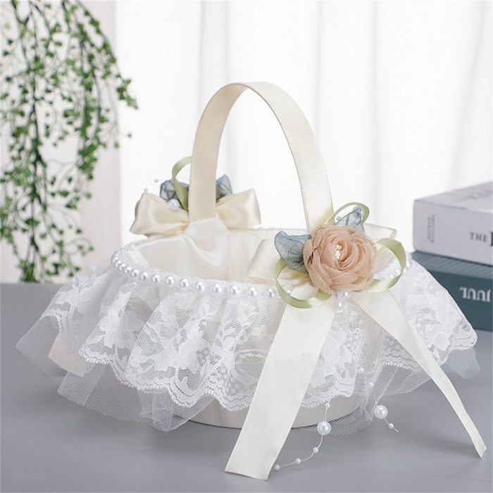 DÖRÖY Dekokorb Weißer Perlenschleife Spitze Blumenkorb Hochzeit tragbare Blumenkorb