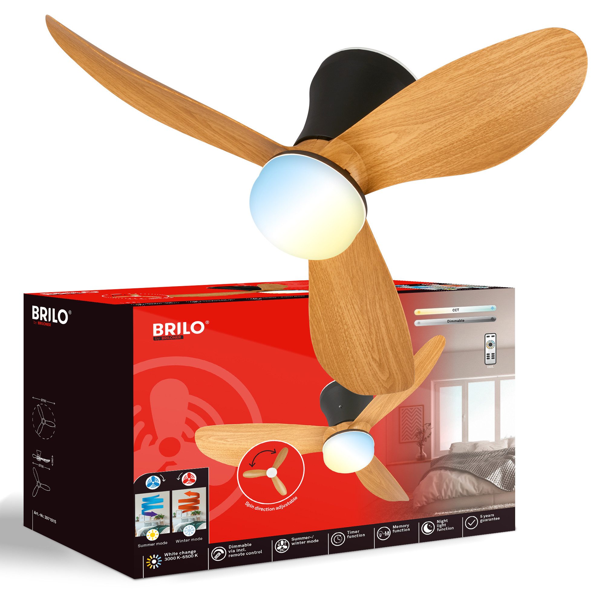 Briloner Leuchten LED Deckenleuchte mit Ventilator dimmbar CCT Deckenventilator mit Licht Schlafzimmer, LED fest integriert, CCT, 3000-6500K, 78x26 cm, Schlafzimmer, Wohnzimmer, Esszimmer, Flur, Küche