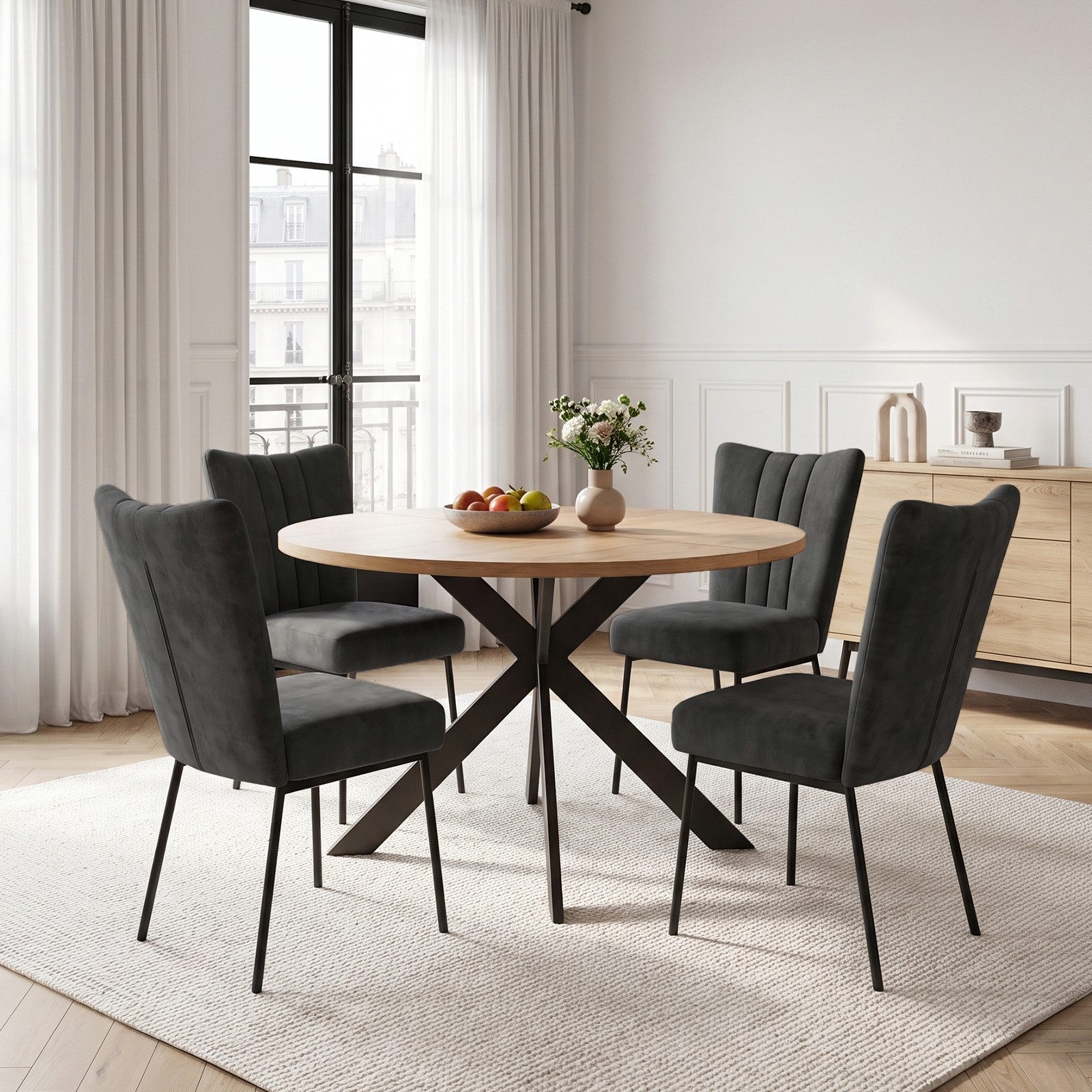 Jiexi Essgruppe Tisch- und Stuhlset, Runder Esstisch (115×75 cm) mit 4 Stühlen