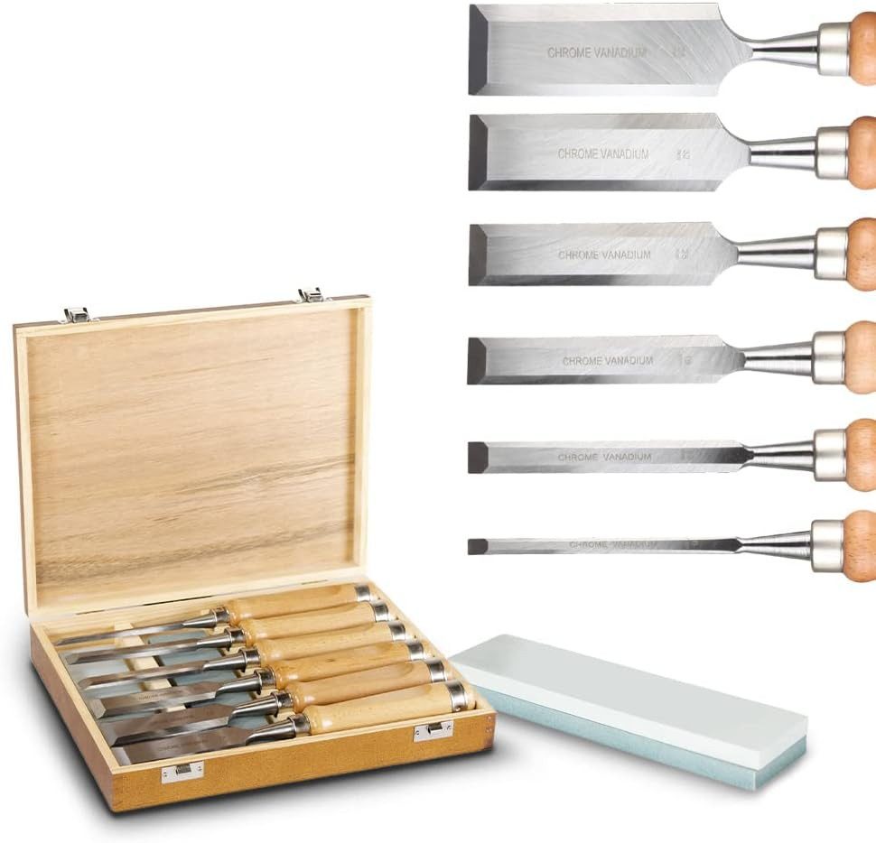 bestTools Stechbeitel Stechbeitel Set 6-teilig aus Chrom-Vanadium Stahl für Holz, Mit Schleifstein & Holzkiste präzise Stemmeisen für Profis