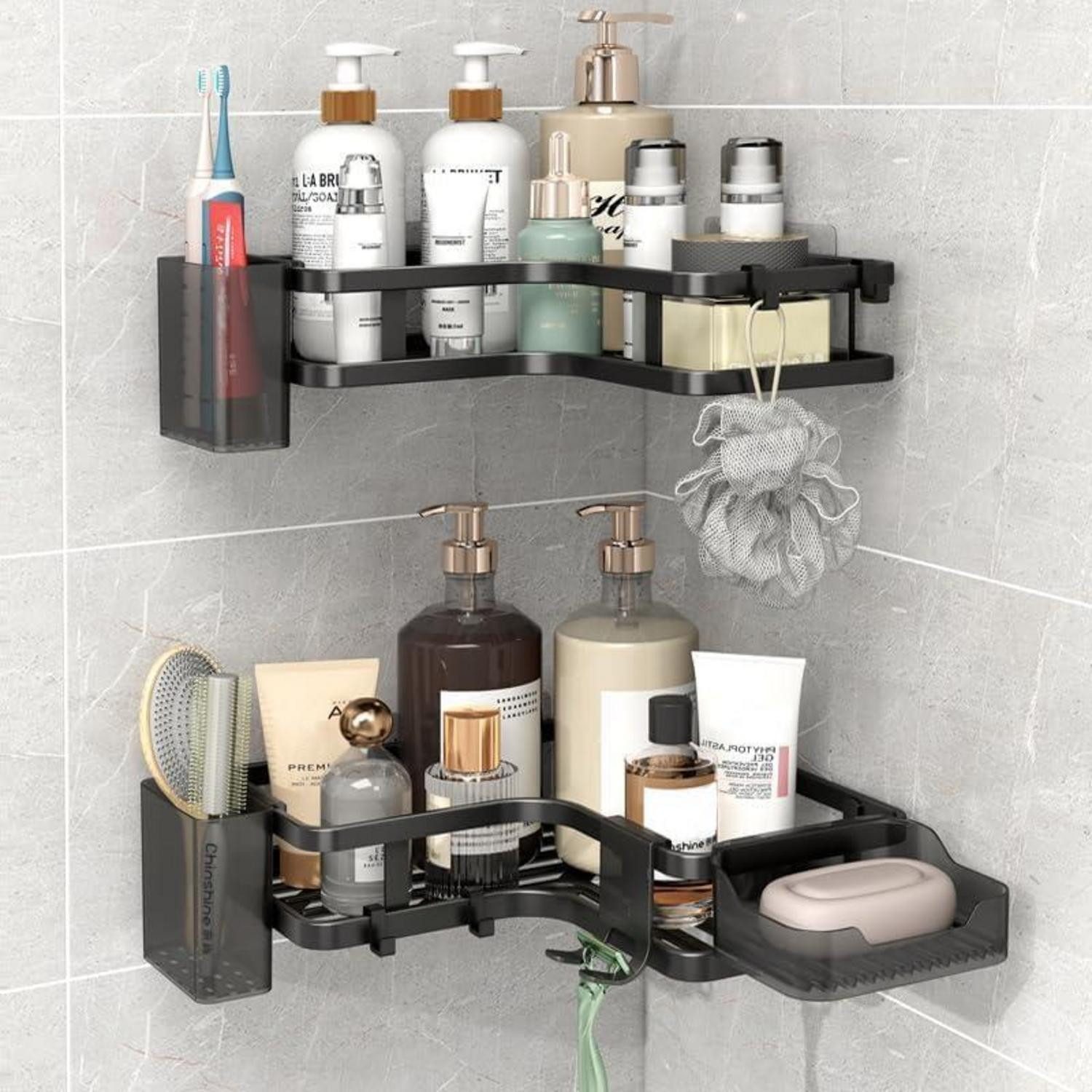 LuxusKollektion Eckregal Duschregal Eckablage Schwarz 2er Set Selbstklebend, 2-tlg.