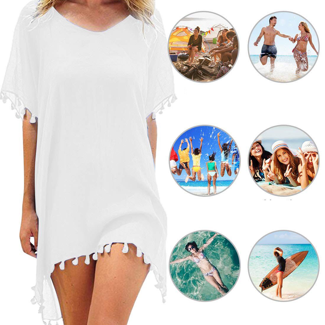 Zaewry Strandkleid Eleganter Strand-Überwurf, Damen Bikini-Überwurf mit Quasten Damen Strand,Strandbekleidung,für Urlaub, Strand) Pool, Party